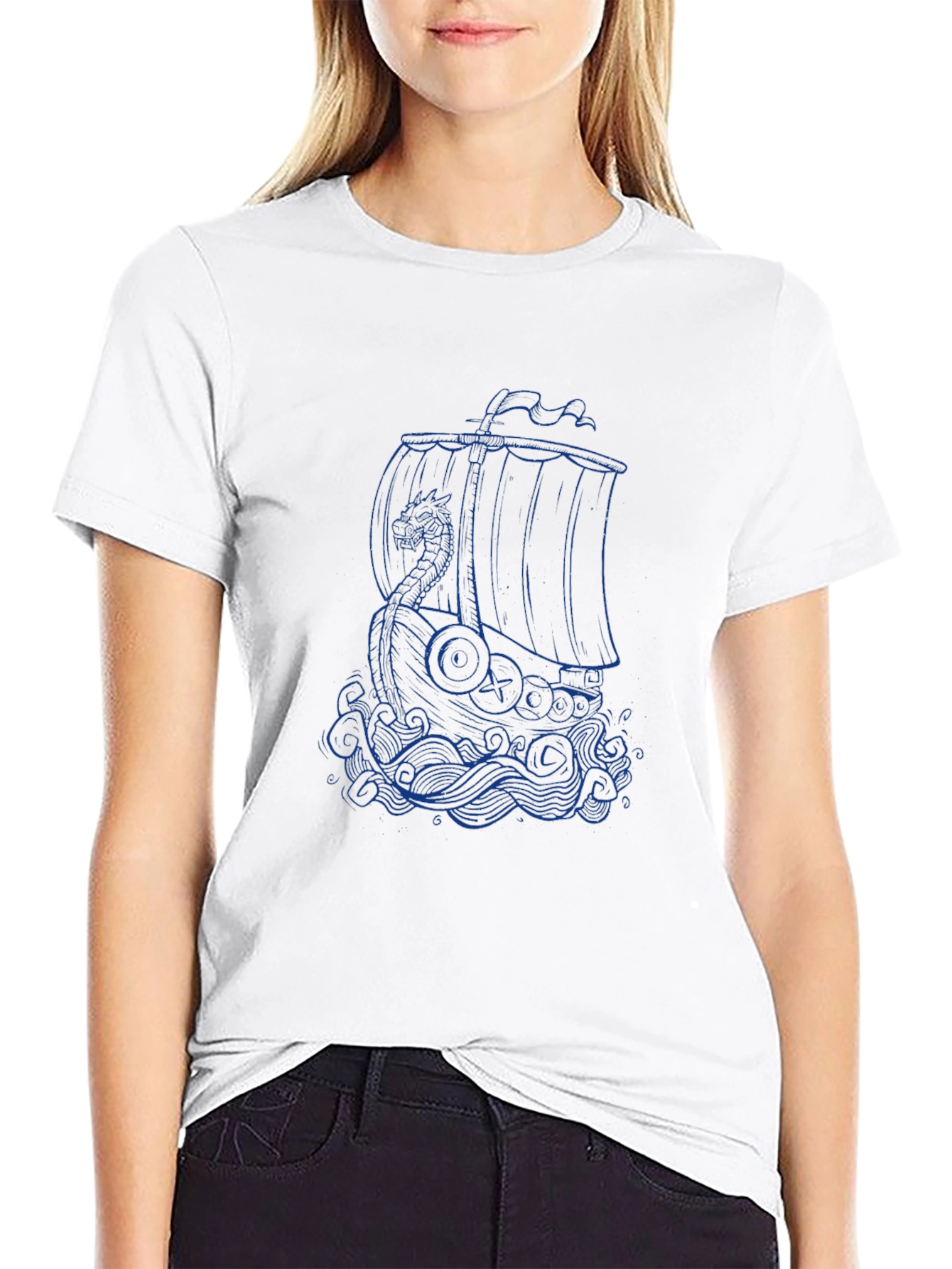 Viking Ship Graphic Tee - Black Cotton T-Shirt