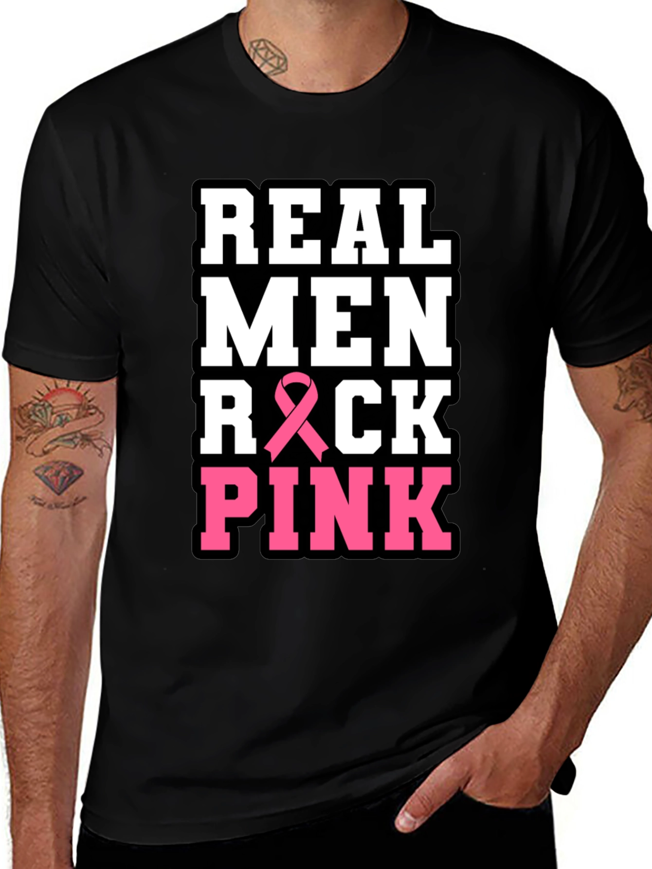Real Men Rock Pink Breast Cancer Awareness T-Shirt