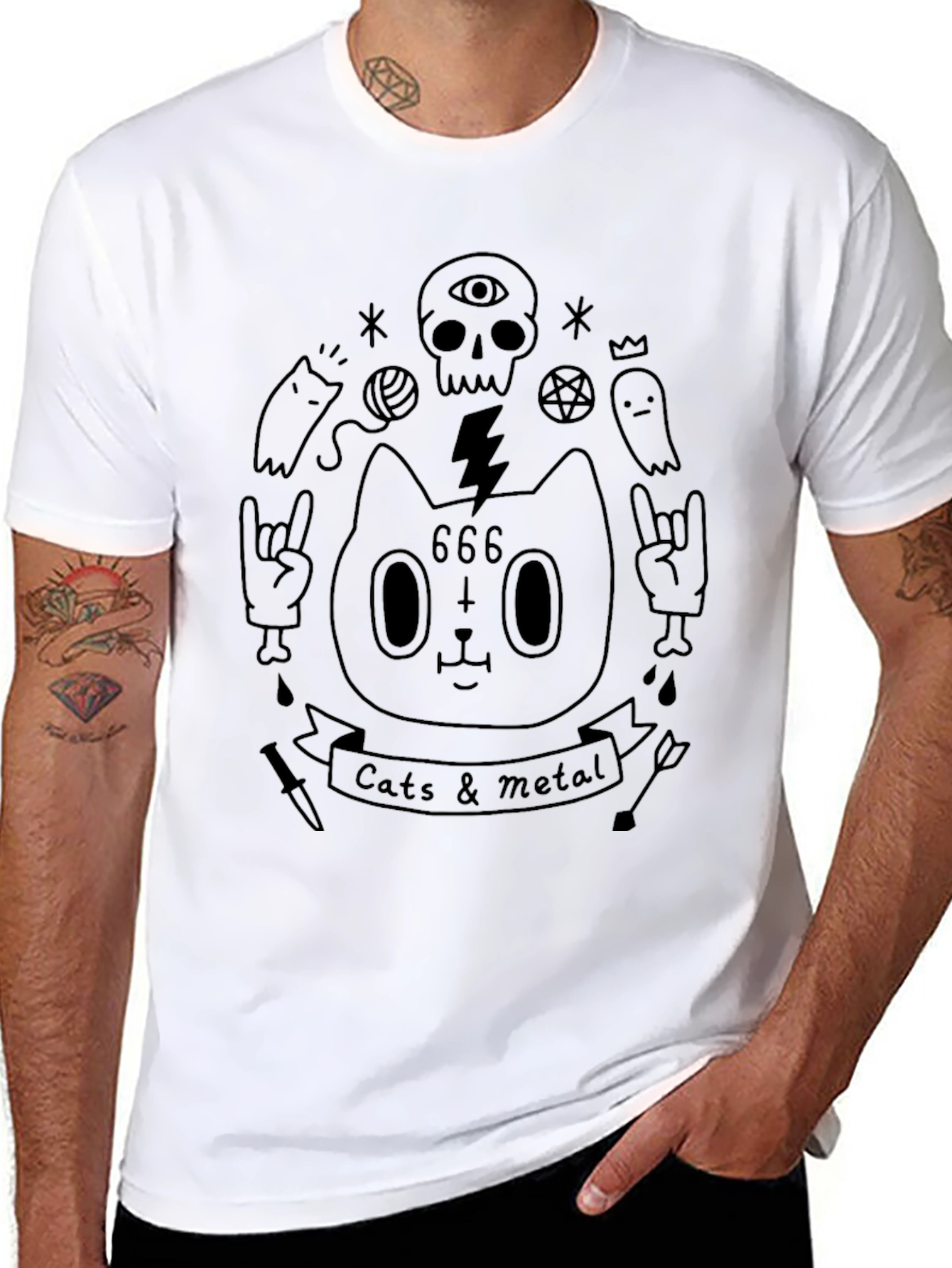 Cats & Metal Graphic Tee - Black Cotton Shirt