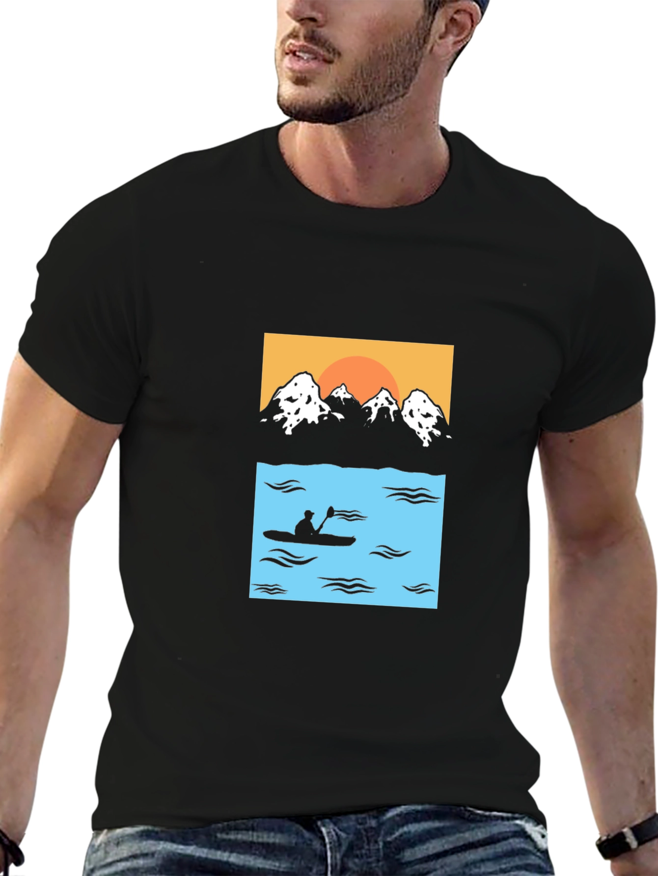 Mountain & Kayak Graphic Tee - Black Cotton