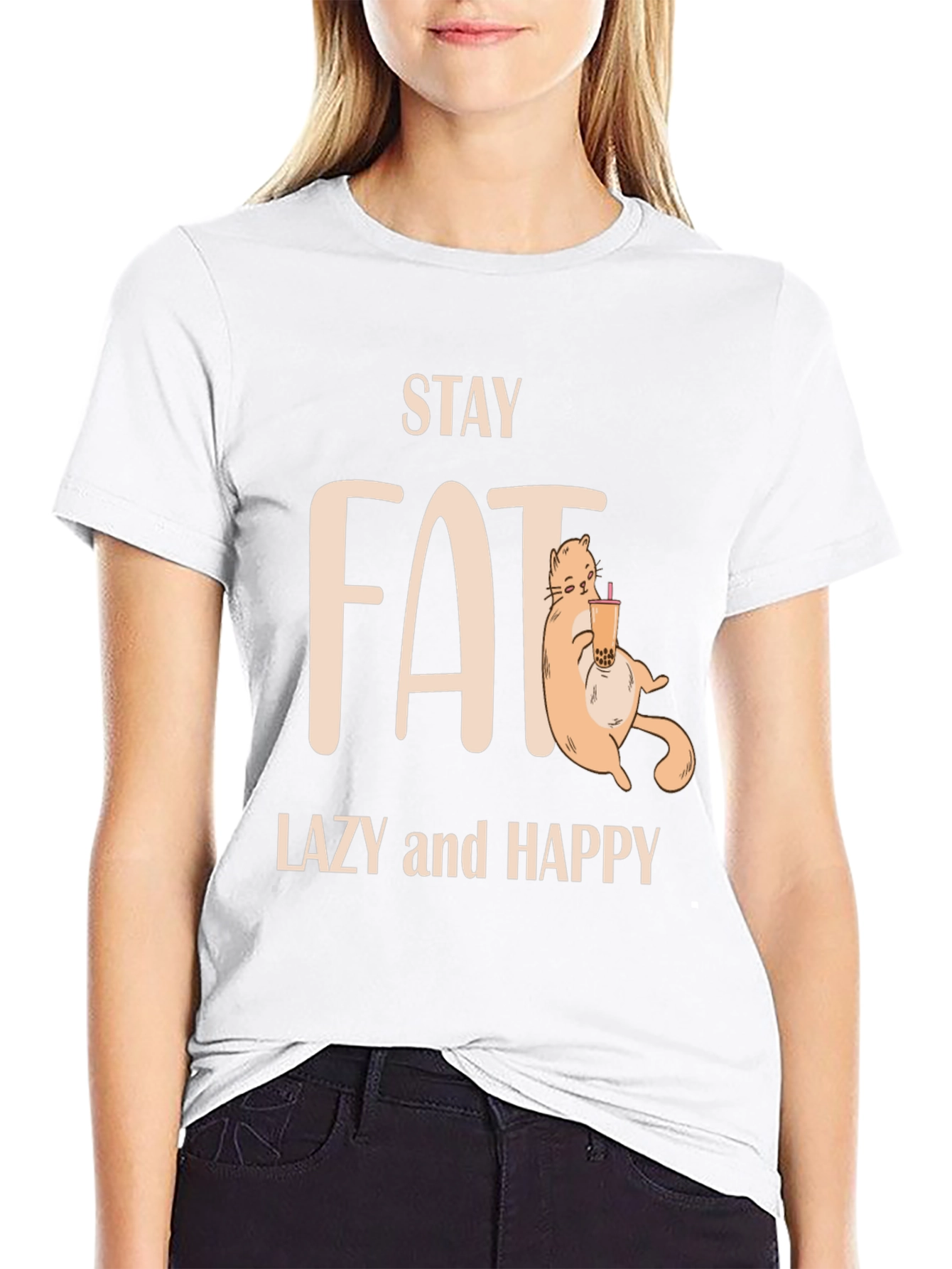 Stay Fat Lazy Happy T-Shirt - Cute Cat Design