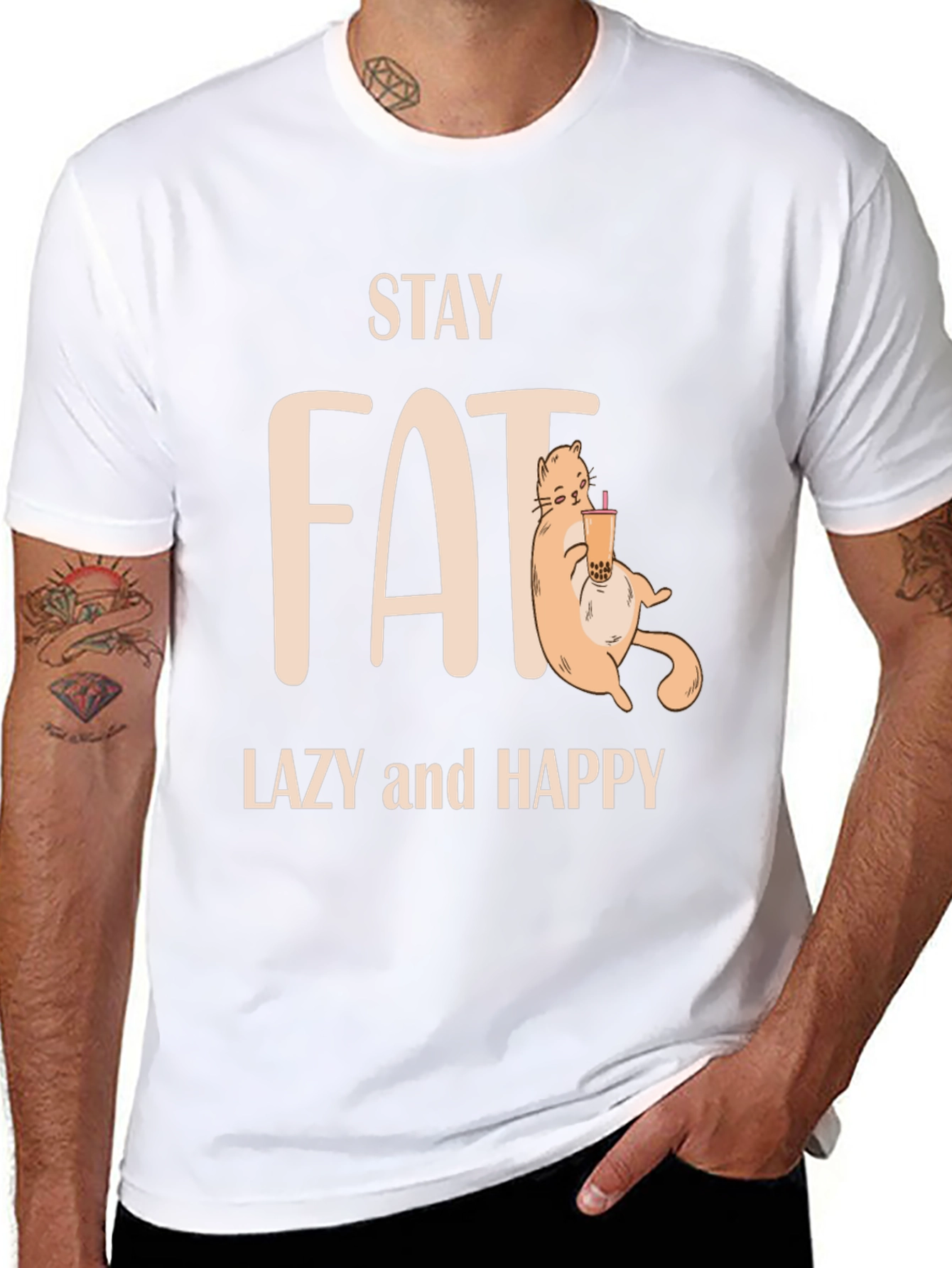 Stay Fat Lazy Happy T-Shirt - Cute Cat Design