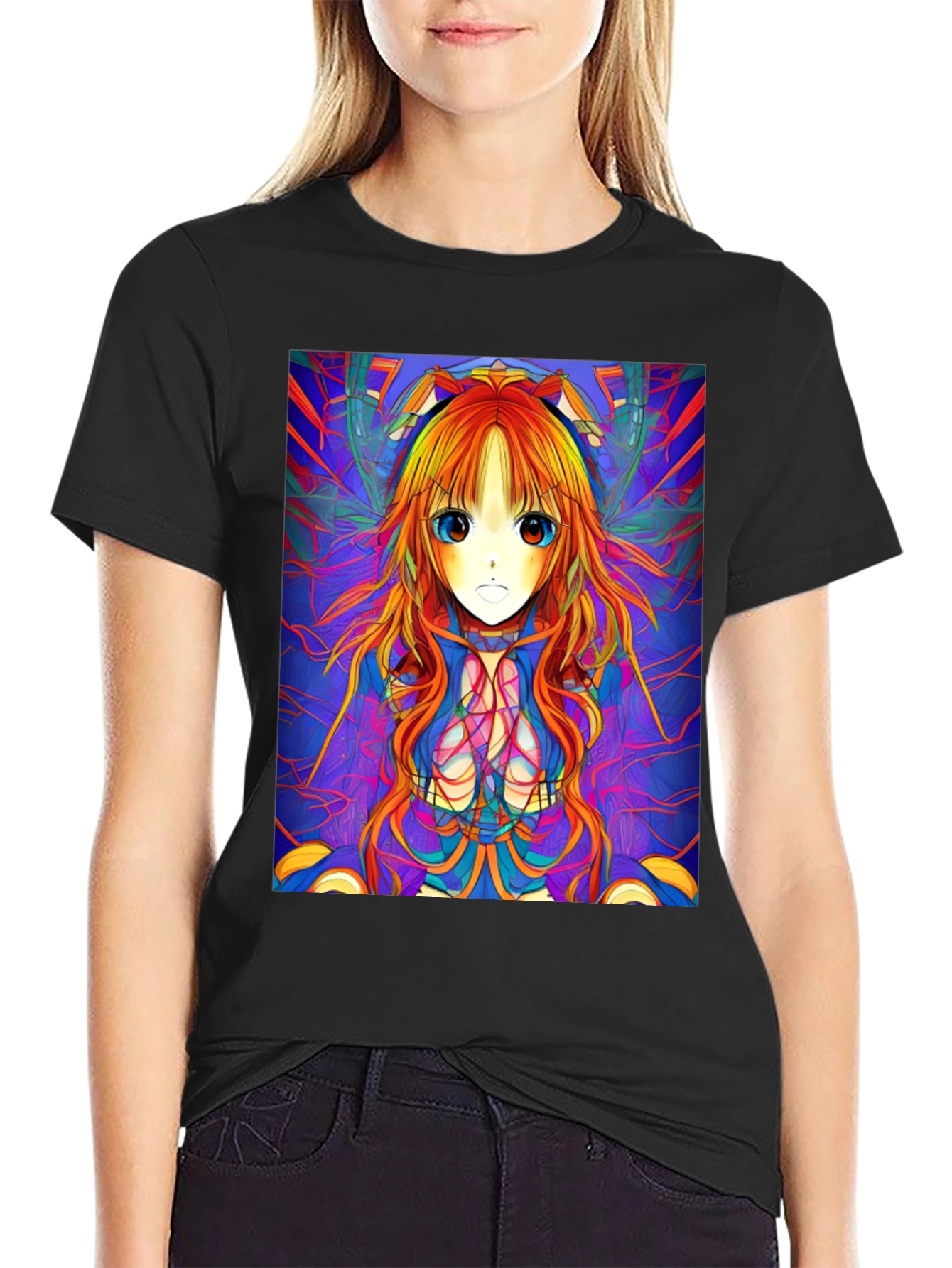 Anime Girl Graphic Print Black T-Shirt
