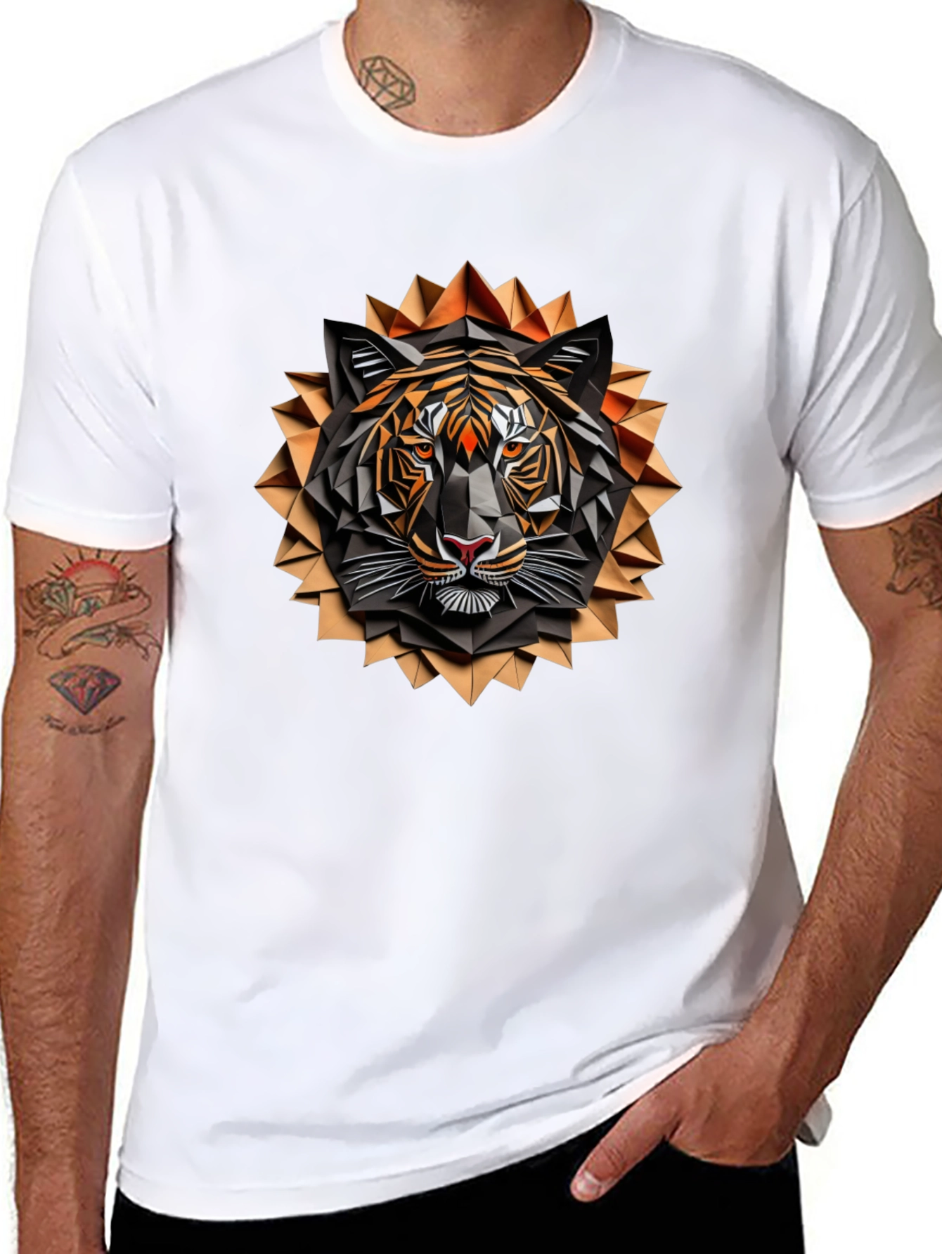 Geometric Tiger Graphic Tee - Stylish Mens Black T-Shirt