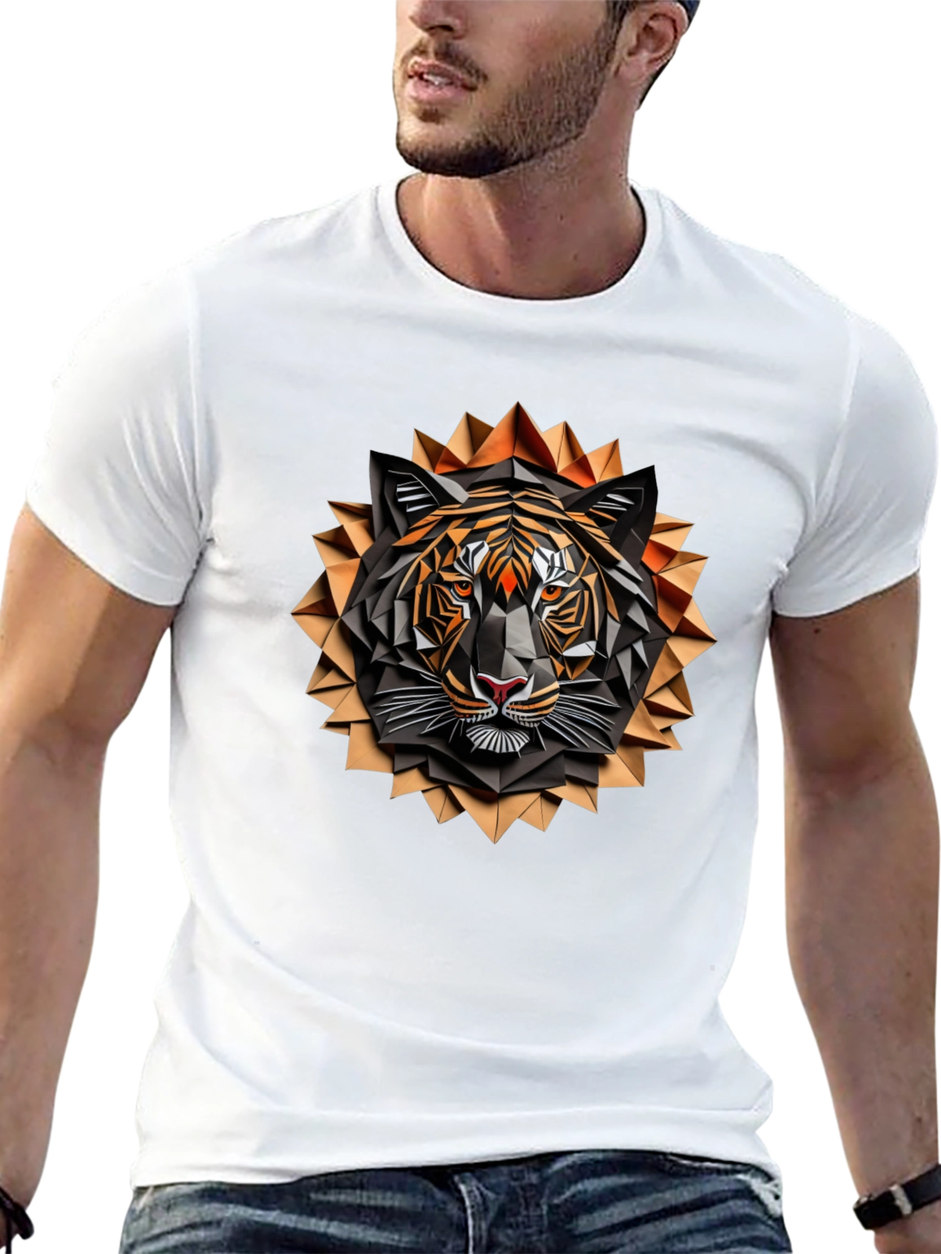 Geometric Tiger Graphic Tee - Stylish Mens Black T-Shirt