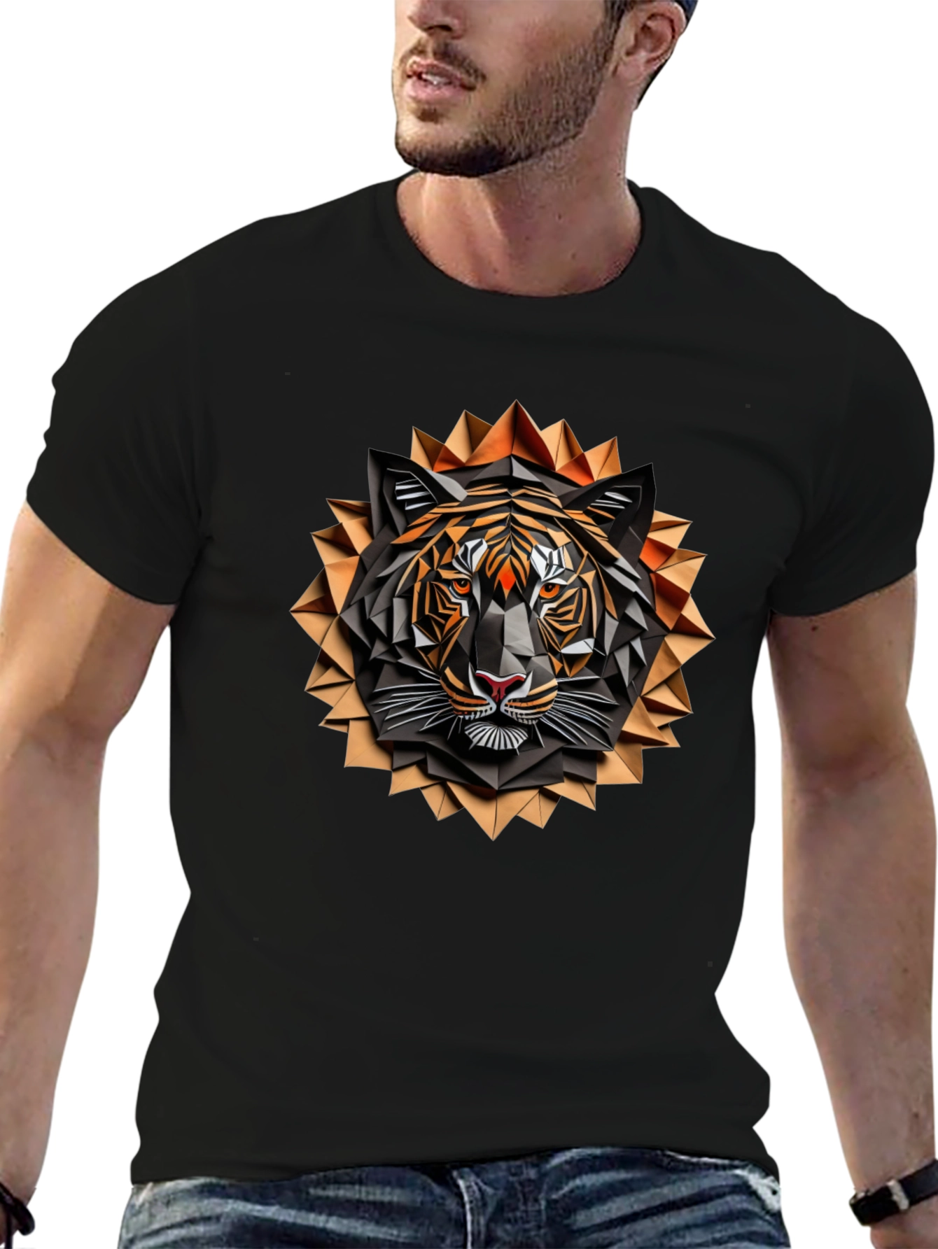 Geometric Tiger Graphic Tee - Stylish Mens Black T-Shirt