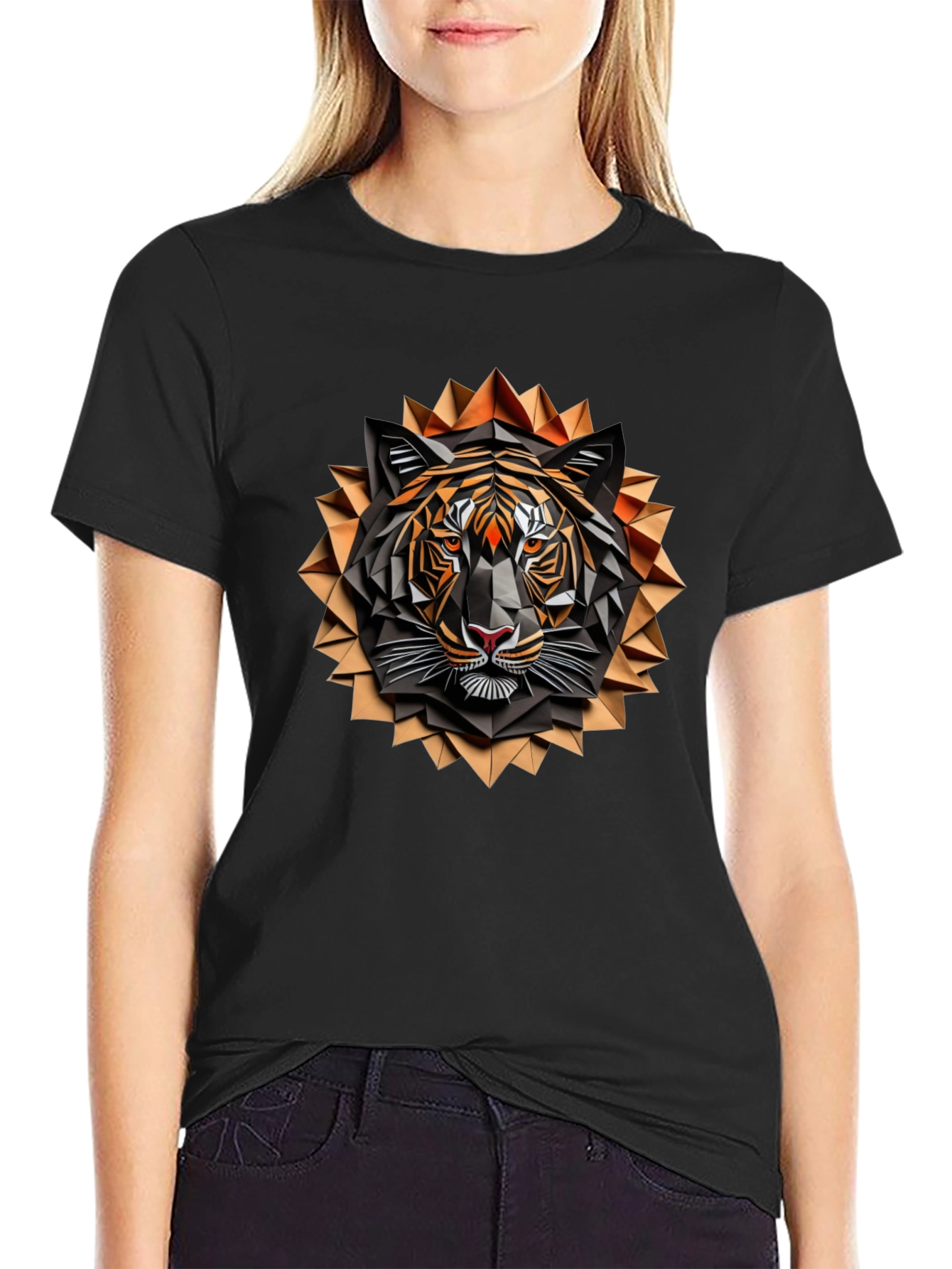 Geometric Tiger Graphic Tee - Stylish Mens Black T-Shirt