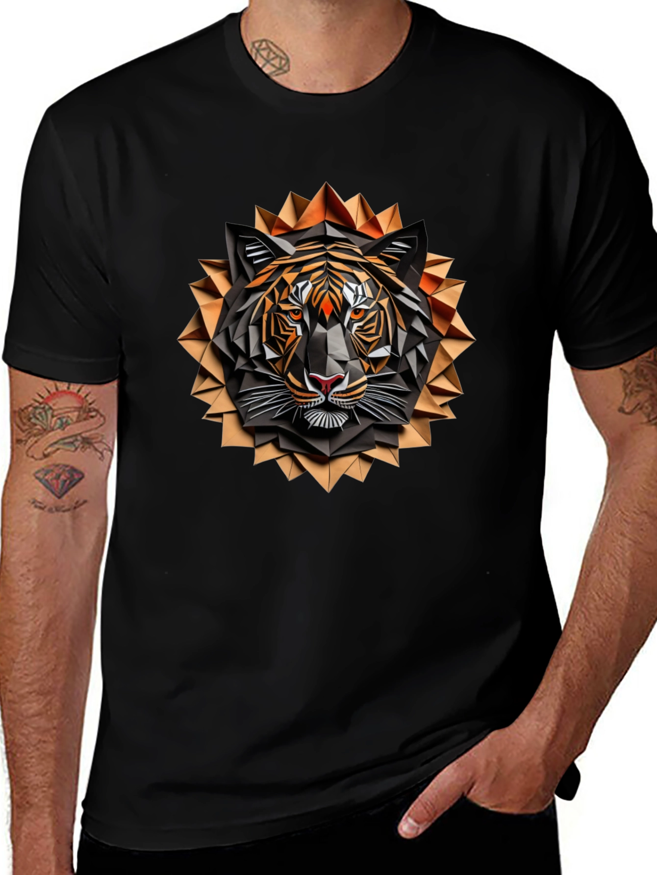 Geometric Tiger Graphic Tee - Stylish Mens Black T-Shirt