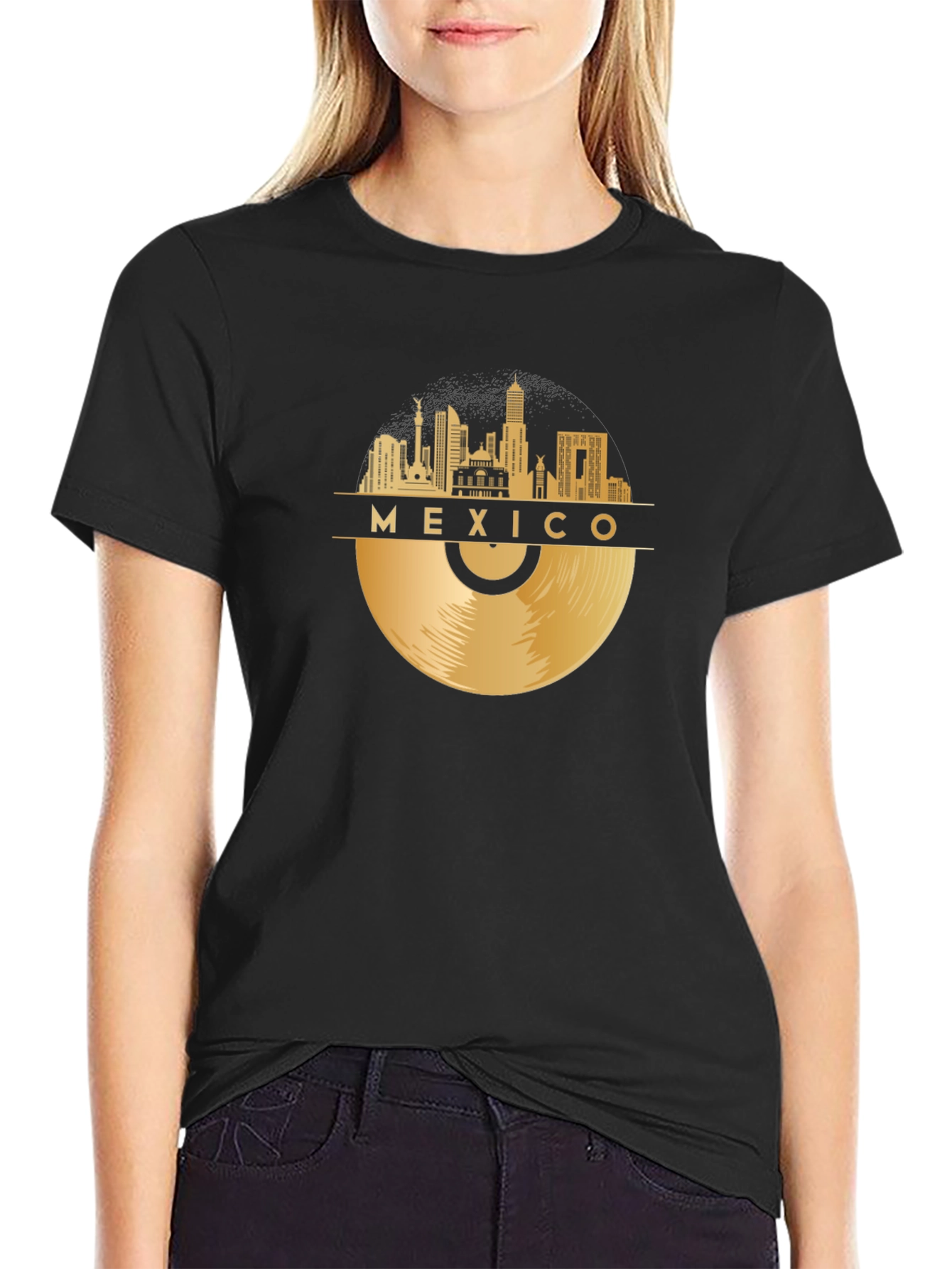 Mexico Skyline Record Black T-Shirt