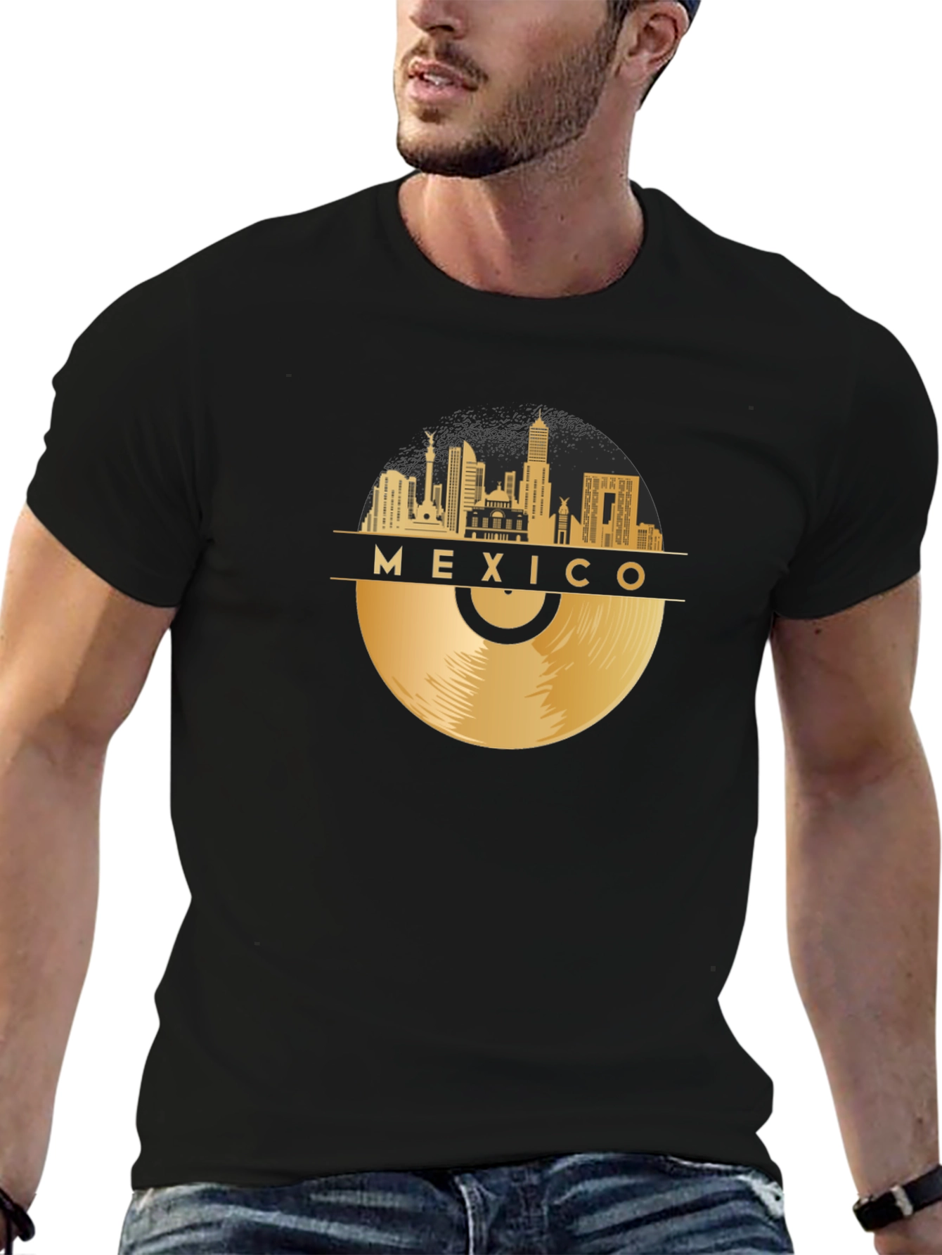 Mexico Skyline Record Black T-Shirt
