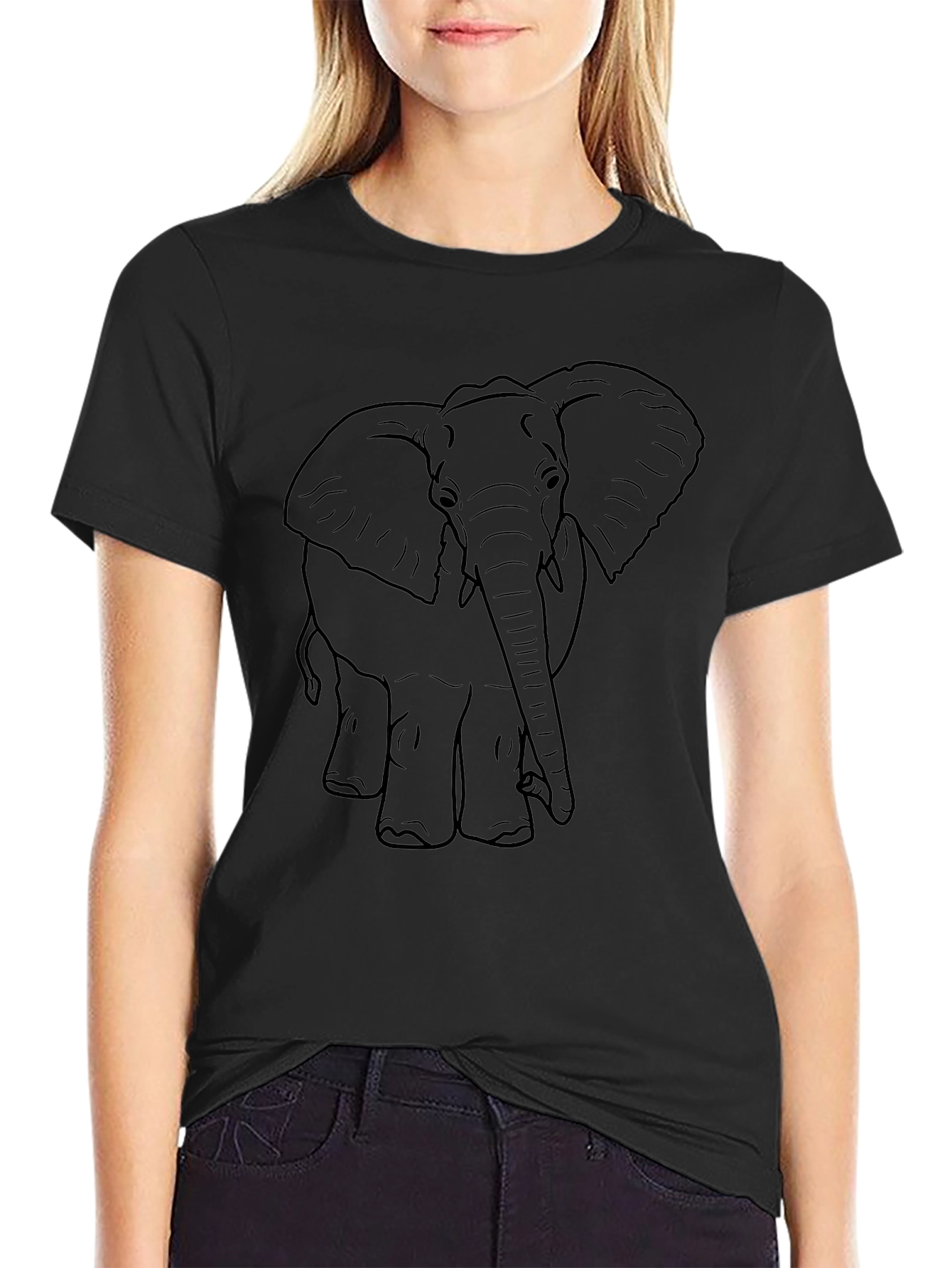 Elephant Outline Tee - Black Cotton Graphic T-Shirt