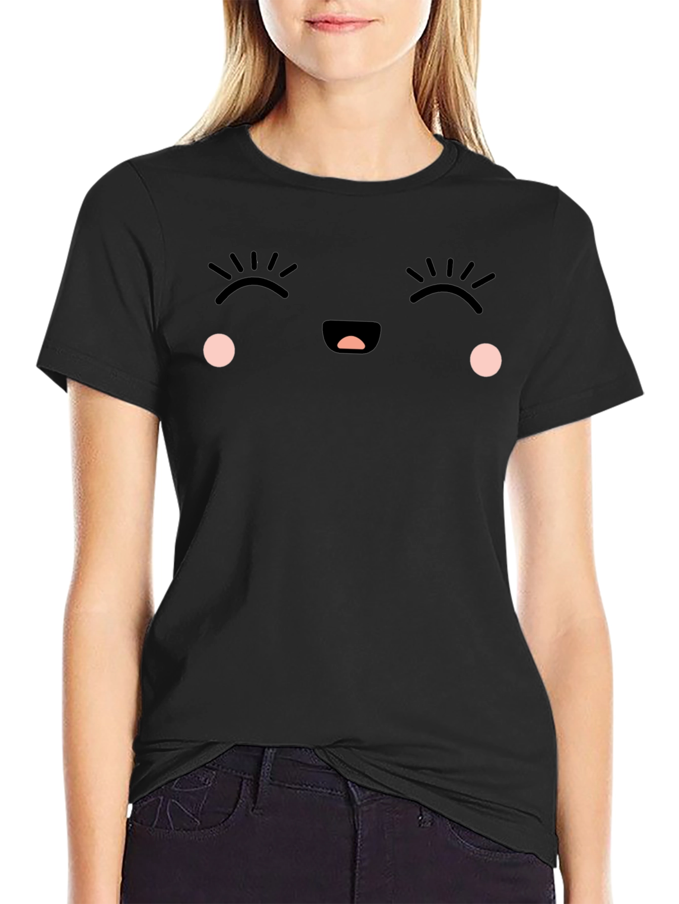 Cute Kawaii Face Black T-Shirt