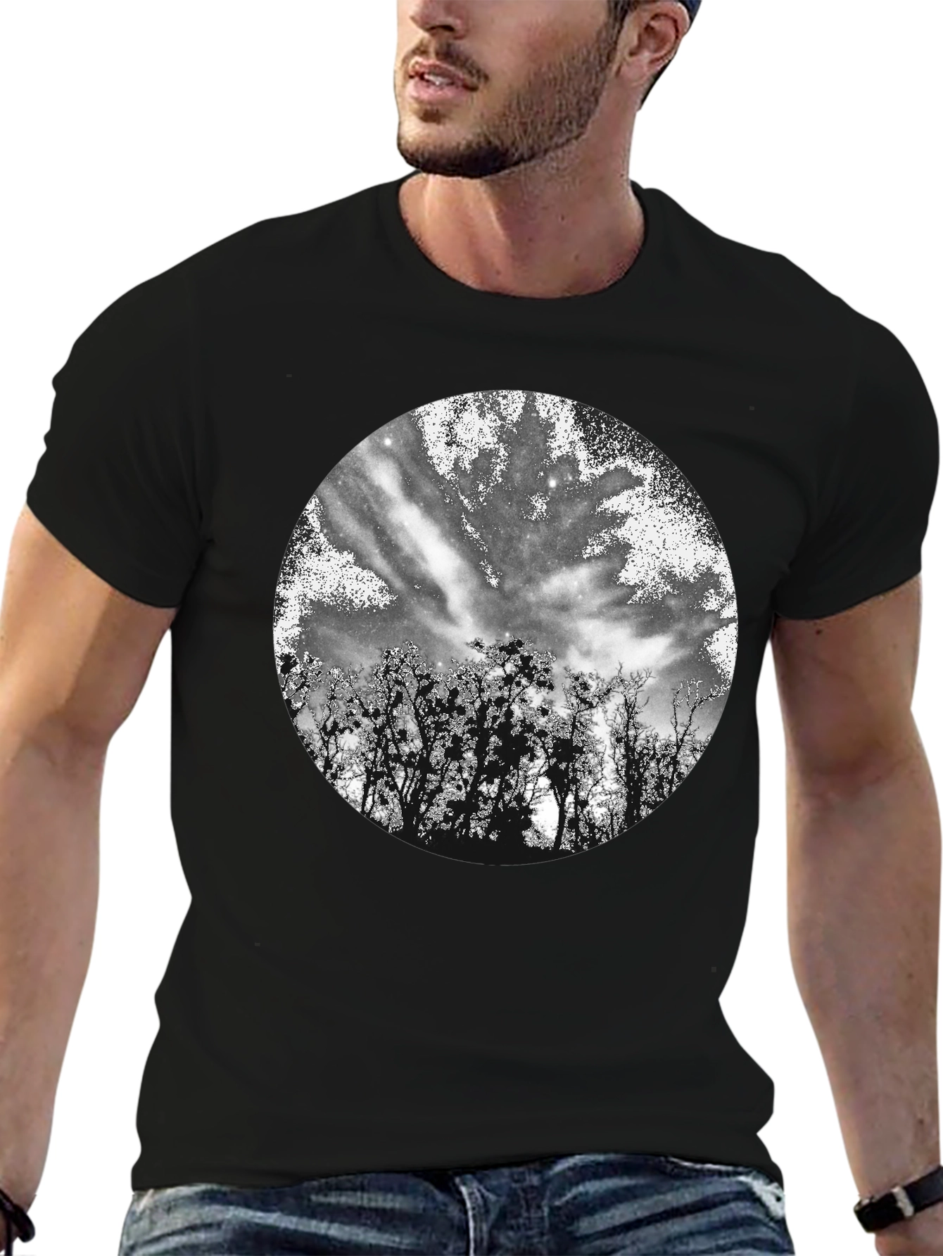 Black T-Shirt with Celestial Tree Print