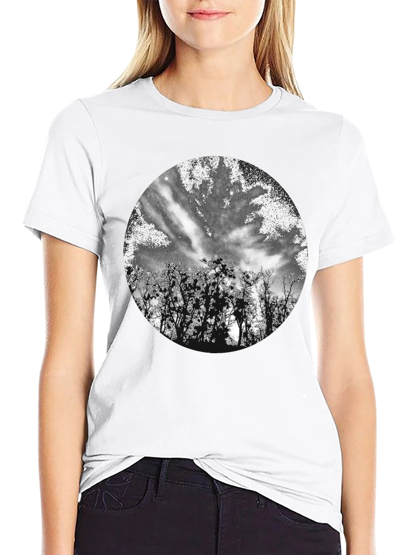 Black T-Shirt with Celestial Tree Print