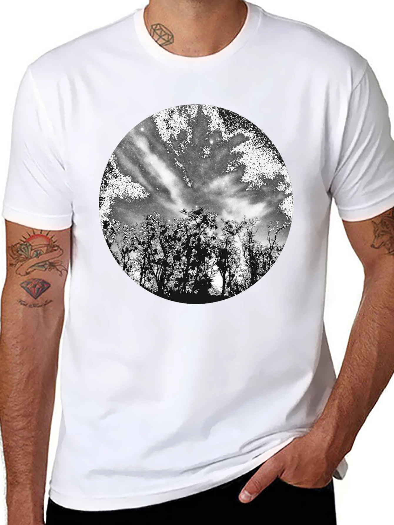 Black T-Shirt with Celestial Tree Print