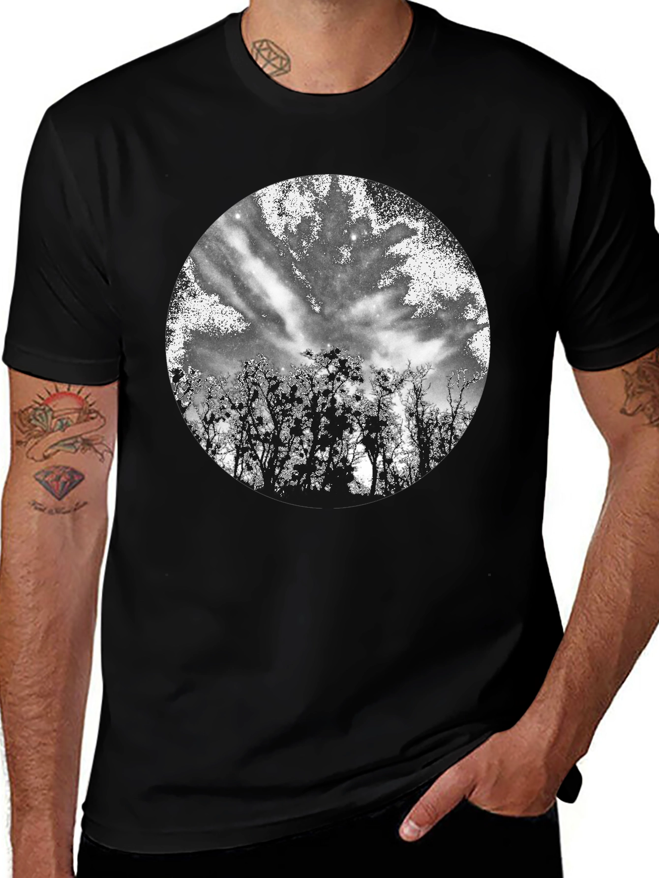 Black T-Shirt with Celestial Tree Print