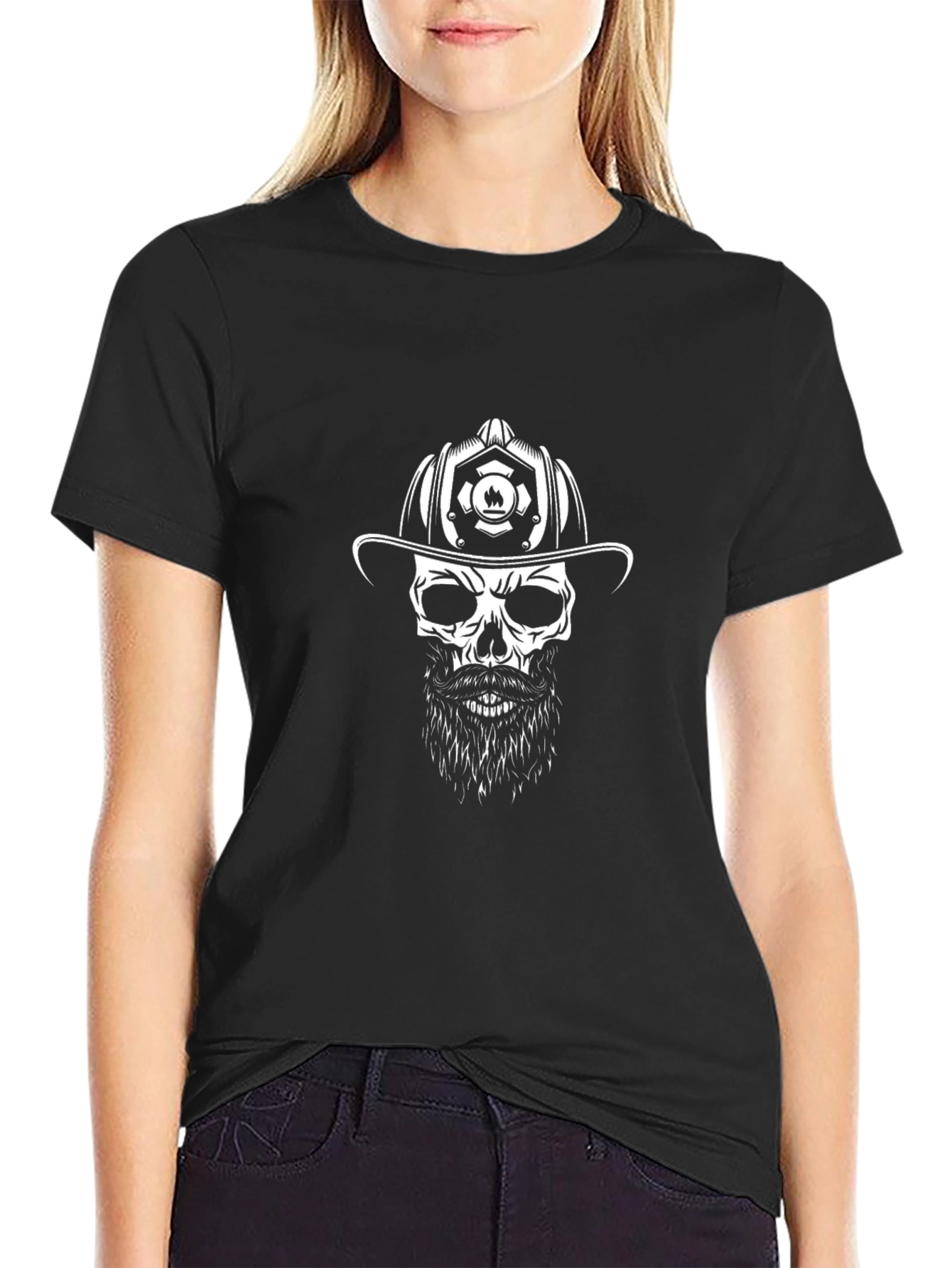 Firefighter Skull Graphic Tee - Black Cotton T-Shirt