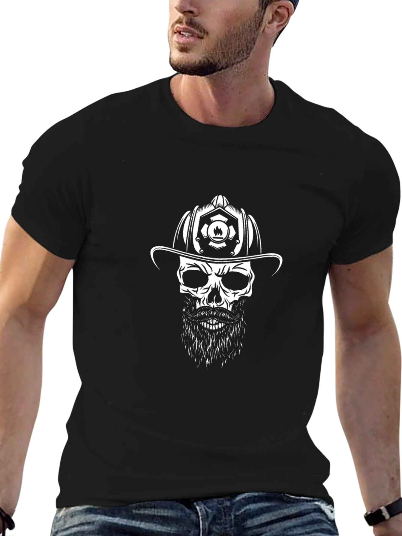 Firefighter Skull Graphic Tee - Black Cotton T-Shirt
