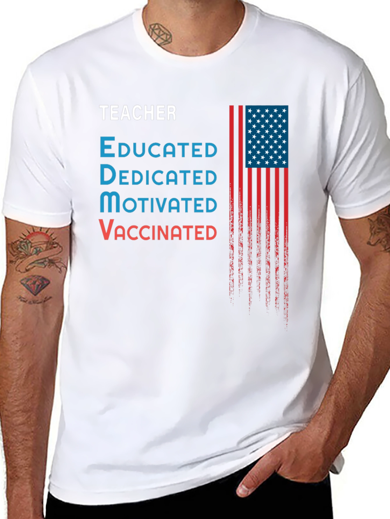 Teacher Educated Vaccinated USA Flag Graphic T-Shirt