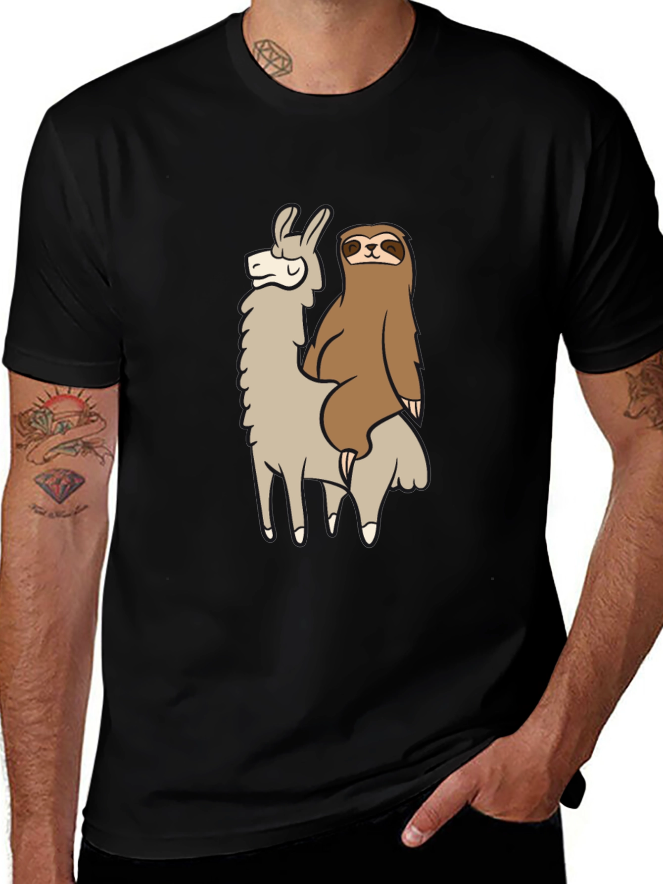 Llama and Sloth Black T-Shirt