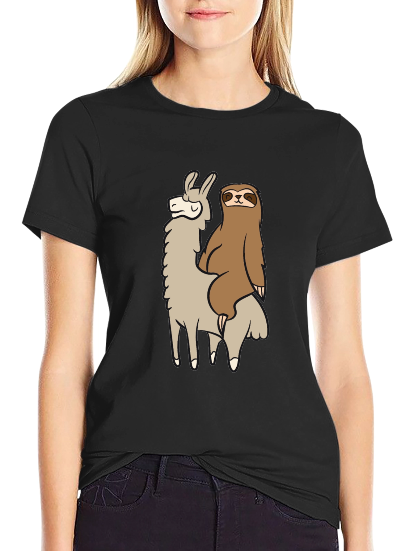 Llama and Sloth Black T-Shirt