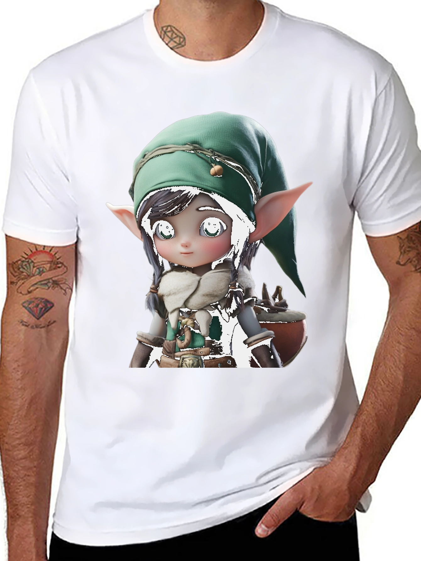 Cute Elf Graphic Tee - Black Cotton Blend