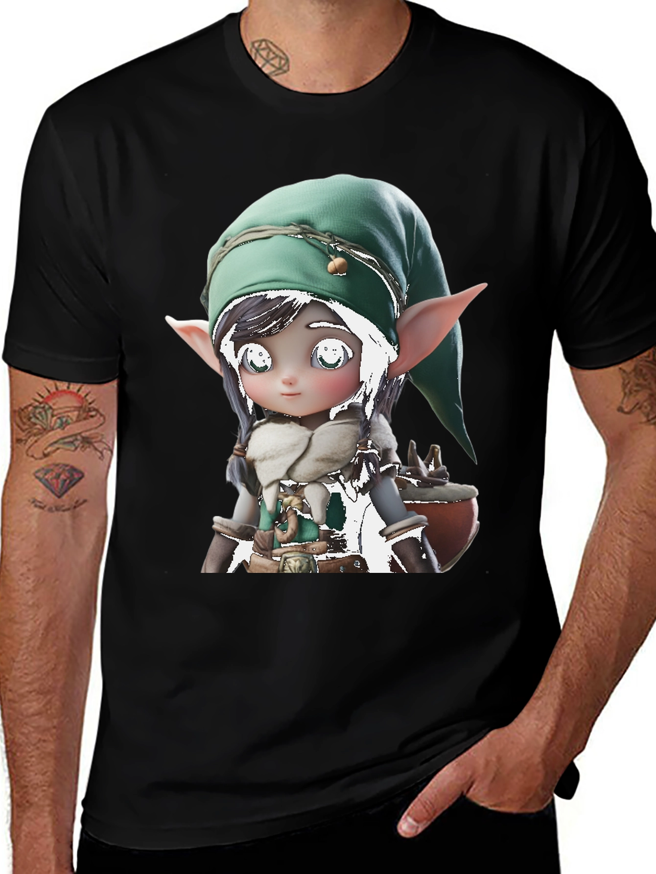 Cute Elf Graphic Tee - Black Cotton Blend