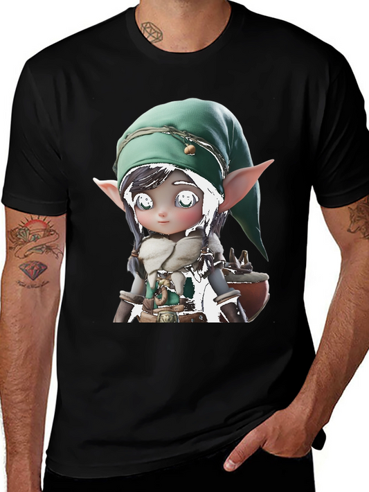 Cute Elf Graphic Tee - Black Cotton Blend