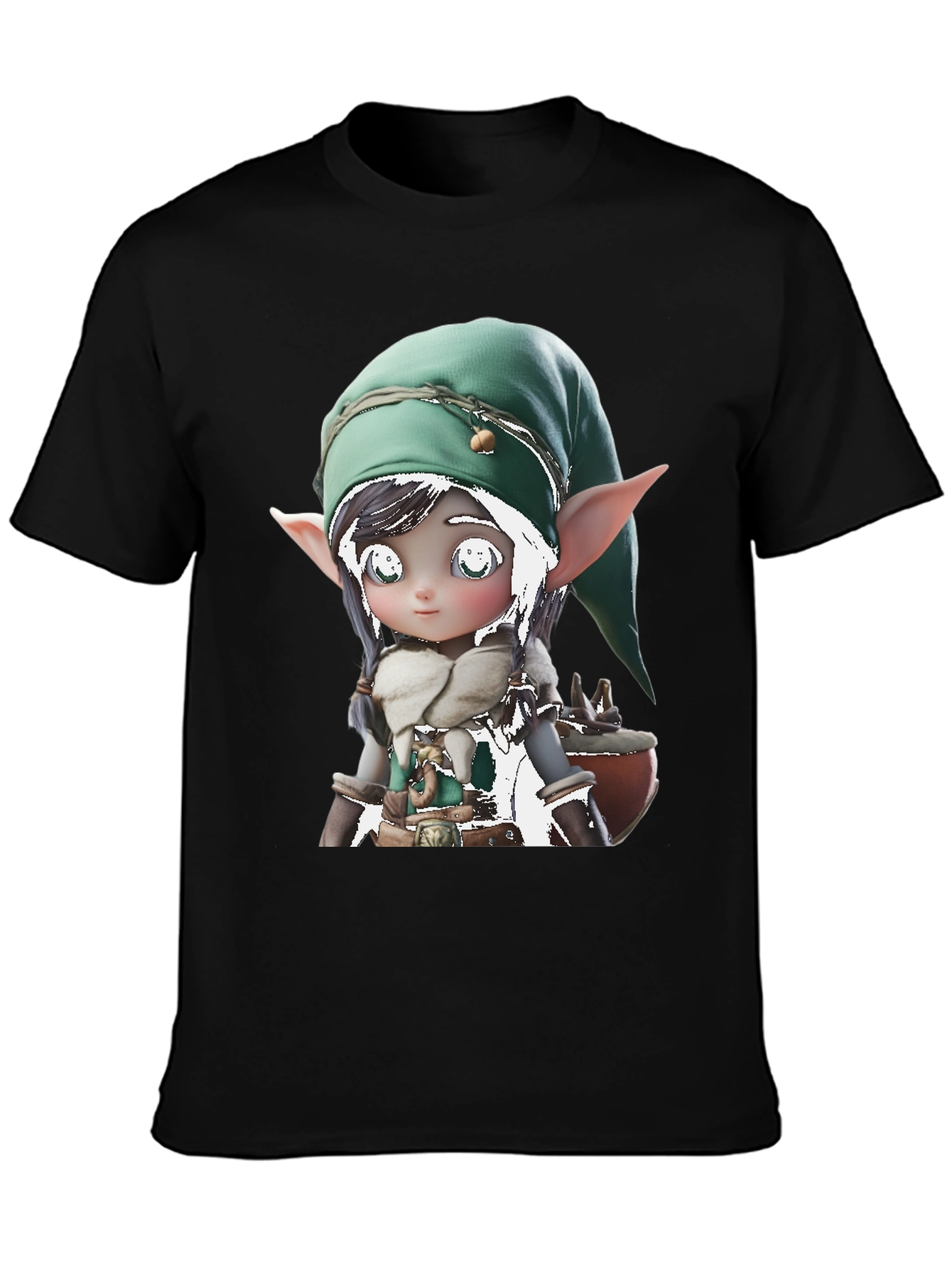 Cute Elf Graphic Tee - Black Cotton Blend
