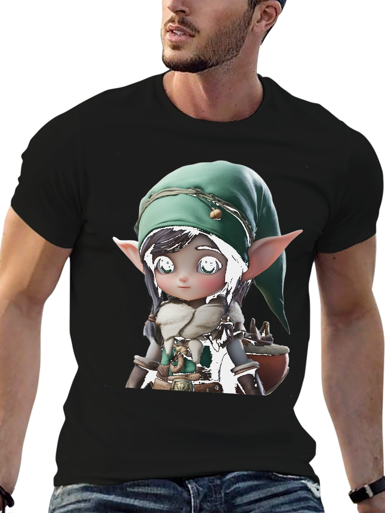 Cute Elf Graphic Tee - Black Cotton Blend