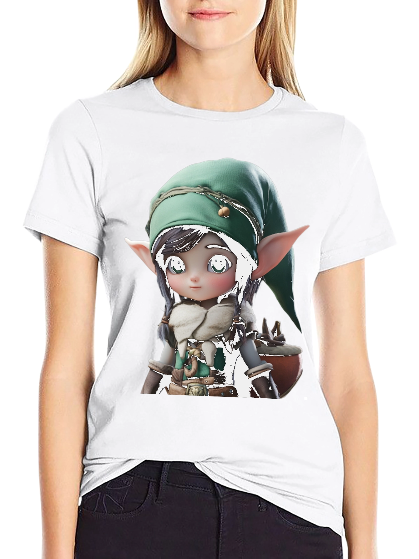 Cute Elf Graphic Tee - Black Cotton Blend