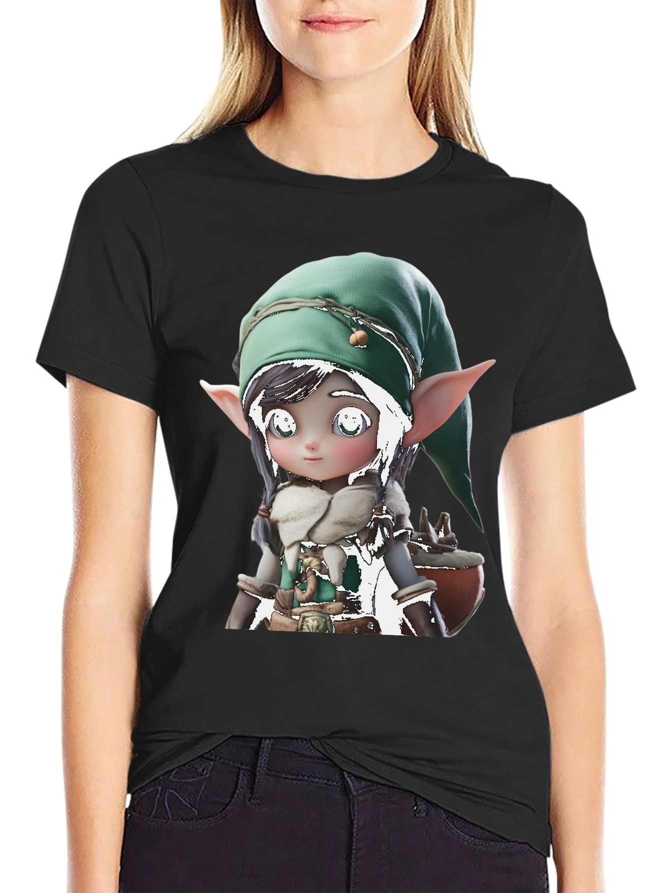 Cute Elf Graphic Tee - Black Cotton Blend