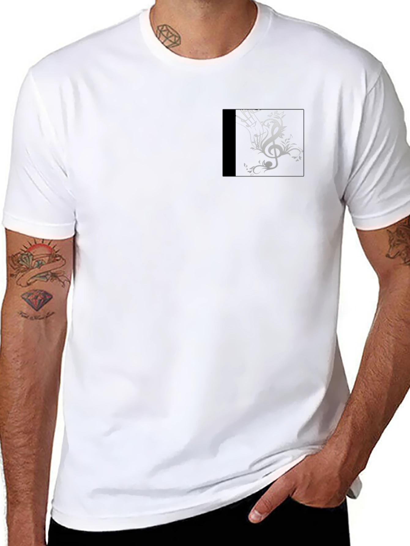 Mens Black Graphic T-Shirt with Music Clef Design