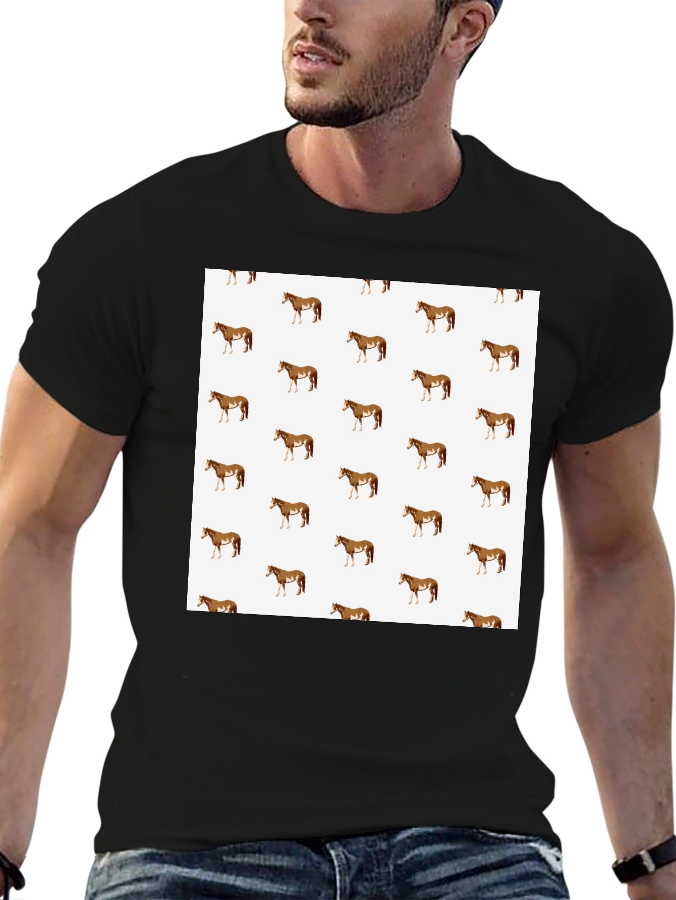 Horse Pattern Tee - Black Cotton Casual Wear