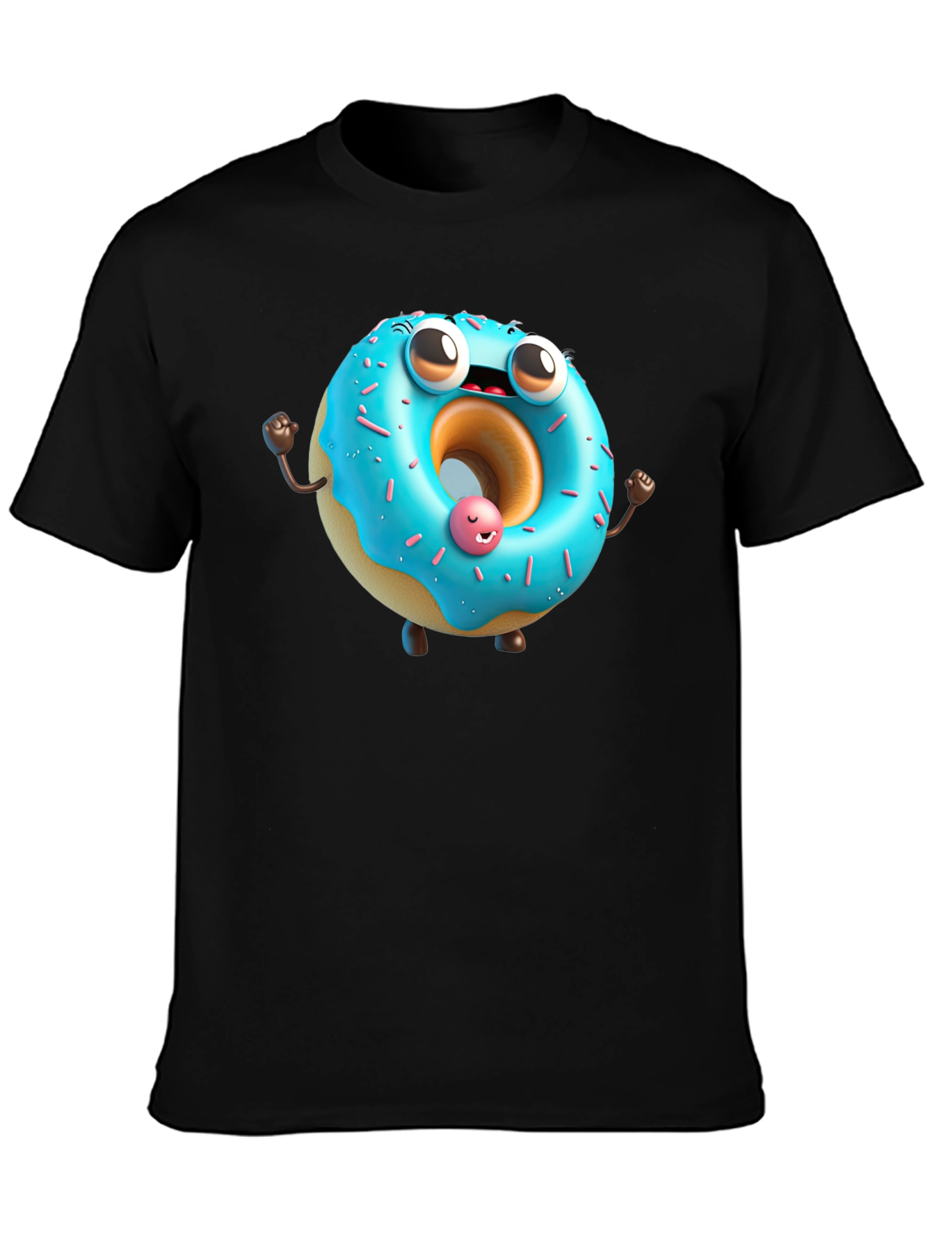 Cartoon Donut Graphic Tee - Black Cotton T-Shirt