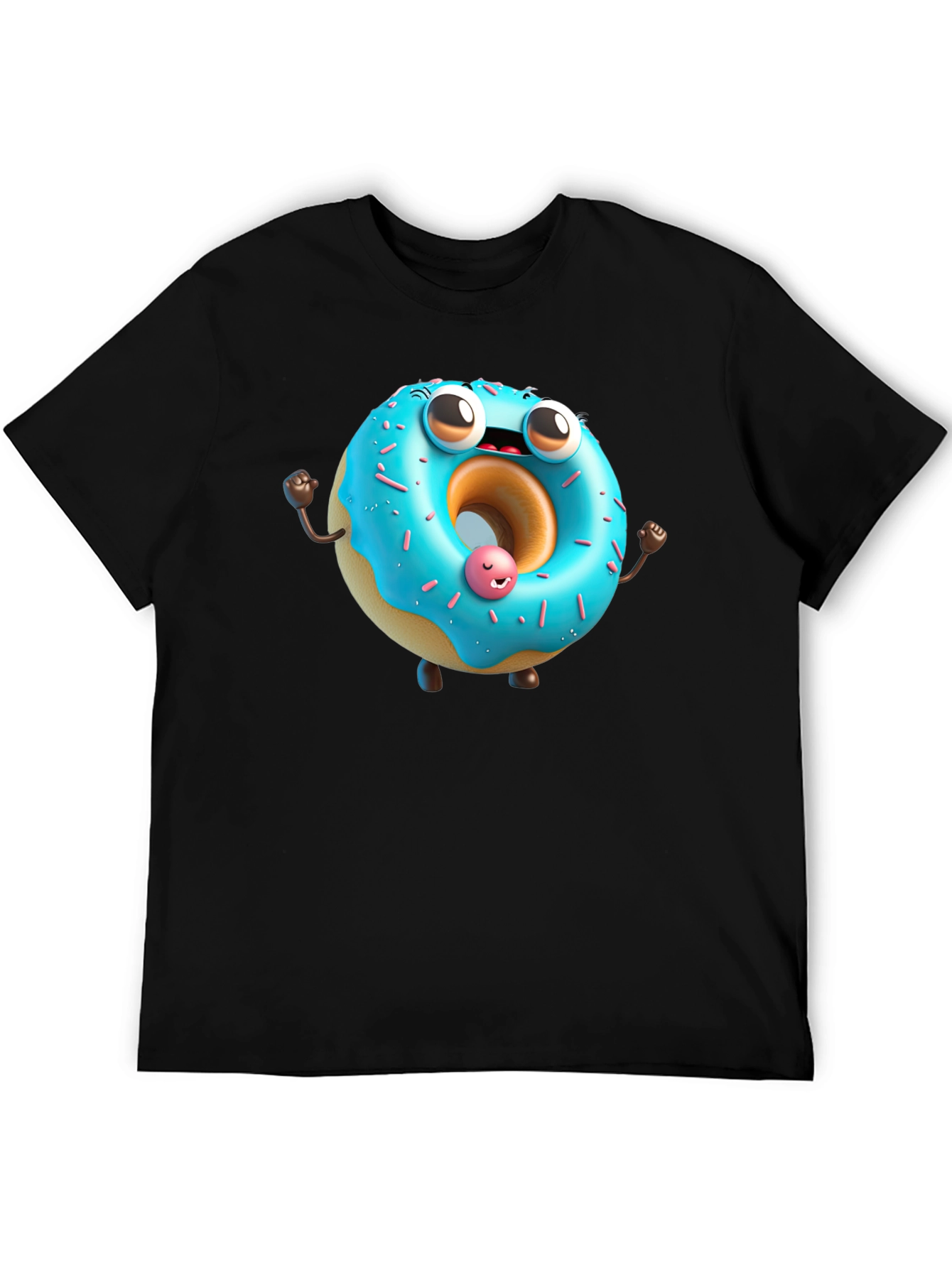 Cartoon Donut Graphic Tee - Black Cotton T-Shirt