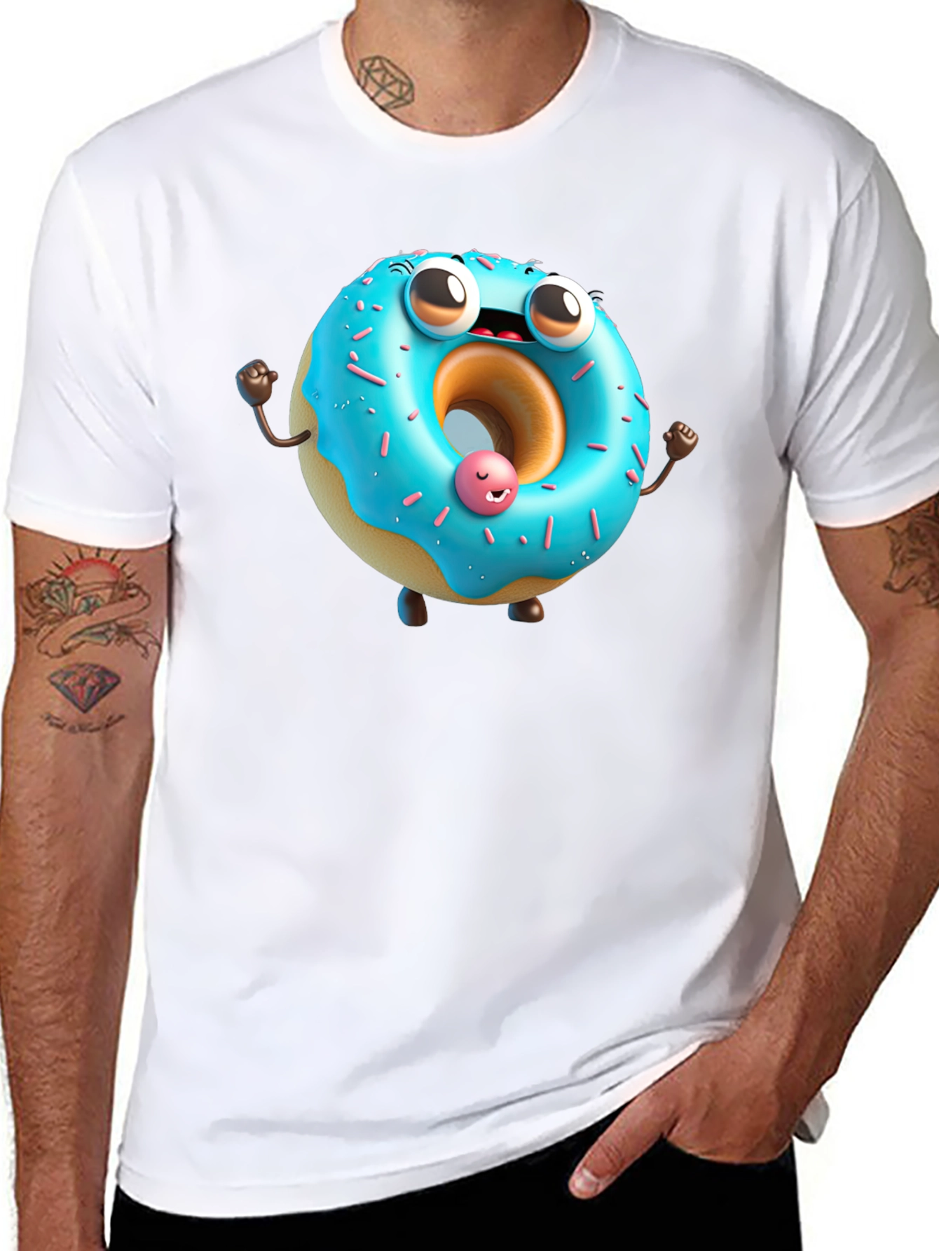 Cartoon Donut Graphic Tee - Black Cotton T-Shirt
