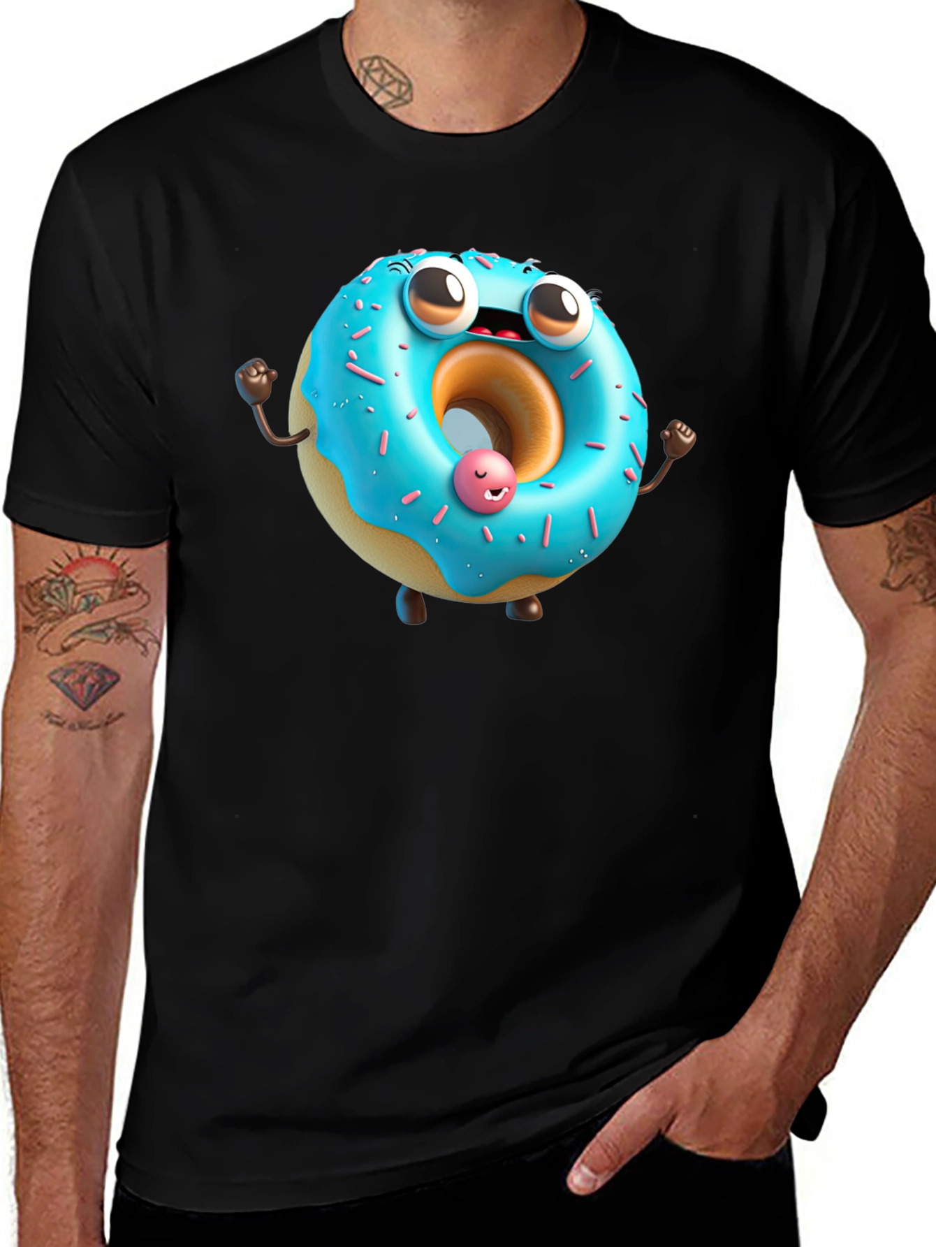 Cartoon Donut Graphic Tee - Black Cotton T-Shirt