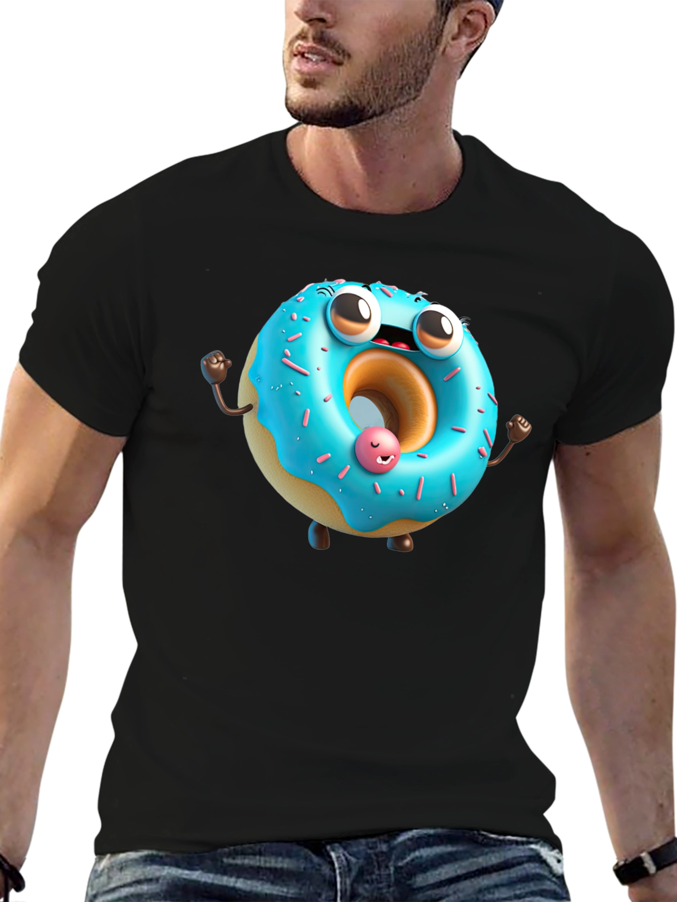 Cartoon Donut Graphic Tee - Black Cotton T-Shirt