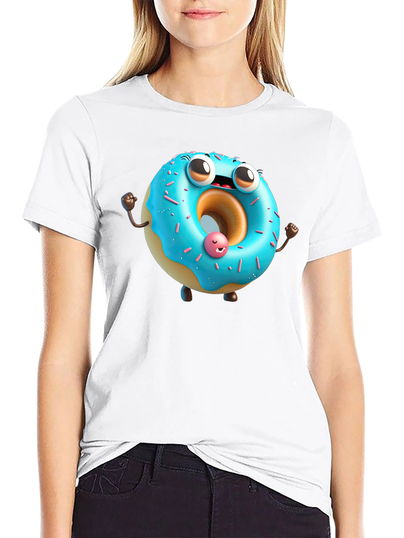 Cartoon Donut Graphic Tee - Black Cotton T-Shirt