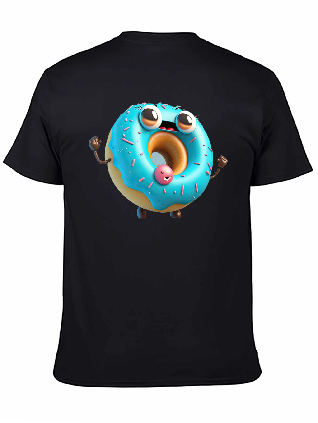 Cartoon Donut Graphic Tee - Black Cotton T-Shirt