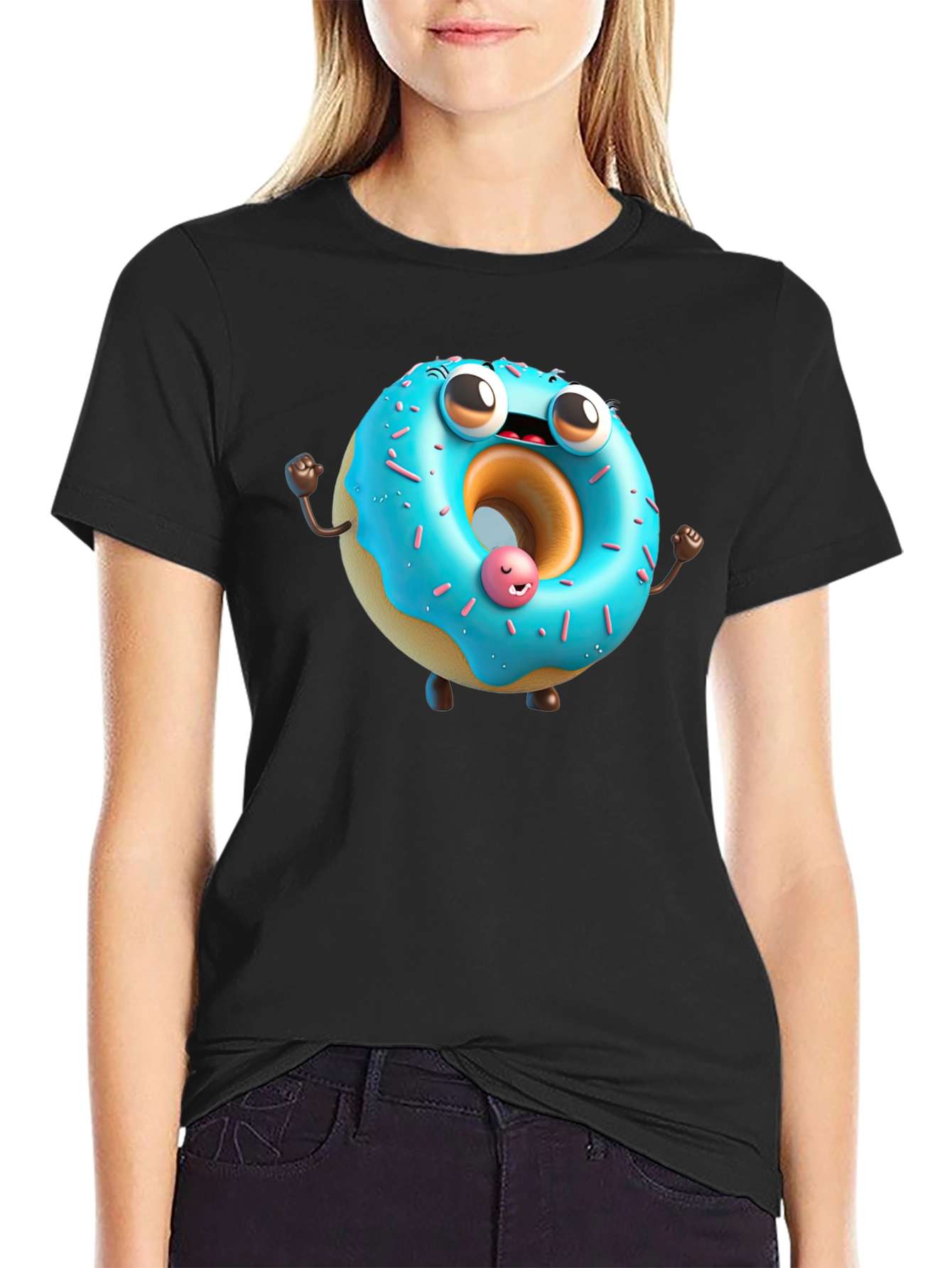 Cartoon Donut Graphic Tee - Black Cotton T-Shirt
