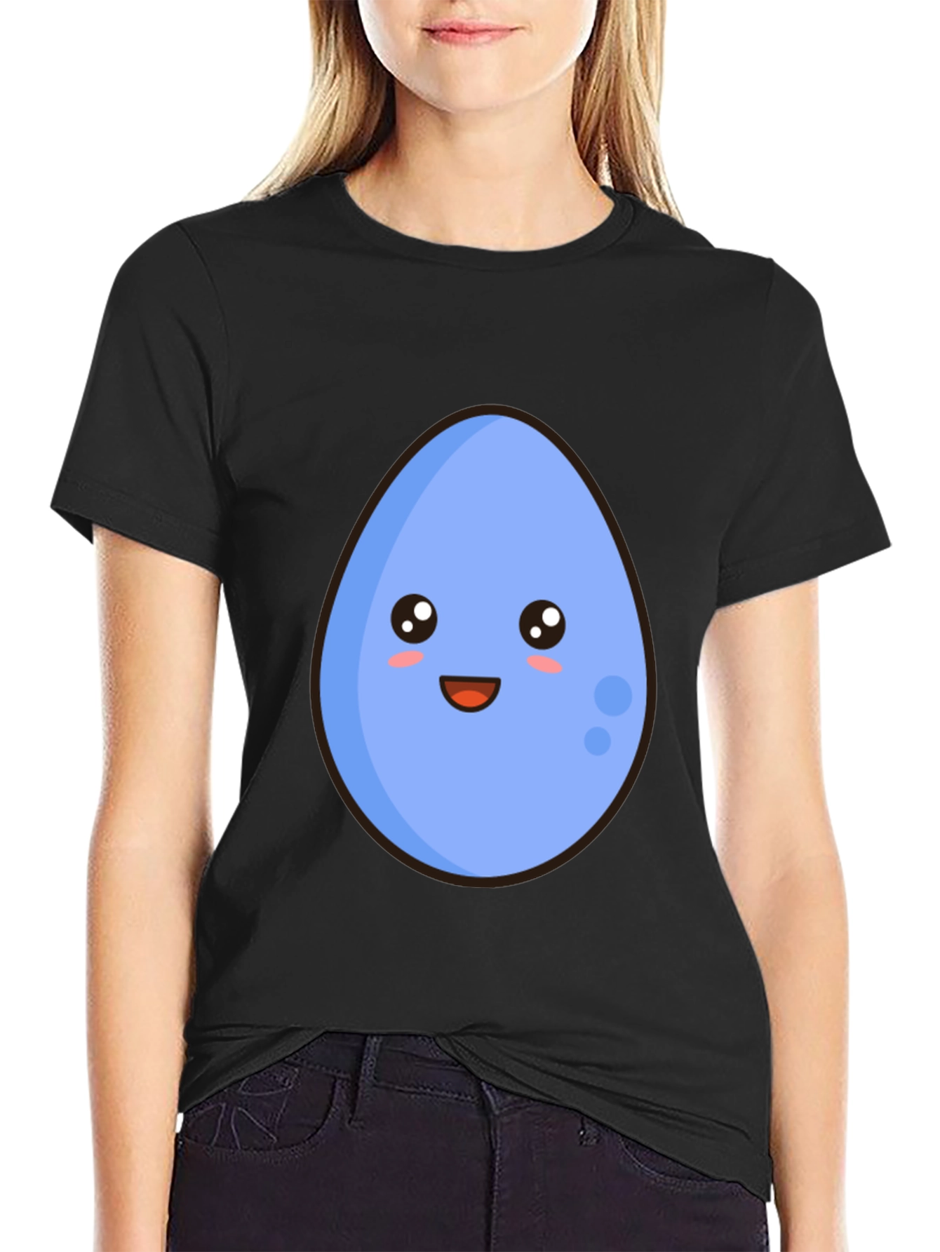 Cute Egg Cartoon Graphic T-Shirt - Black