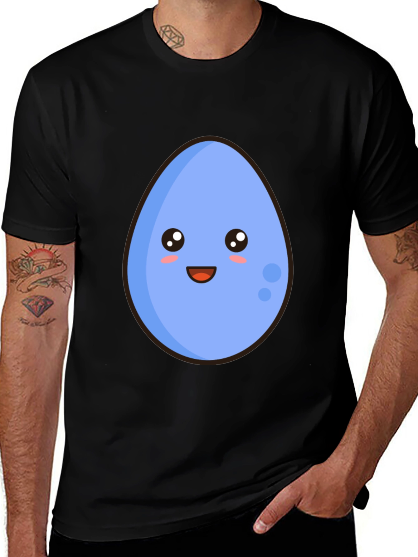 Cute Egg Cartoon Graphic T-Shirt - Black