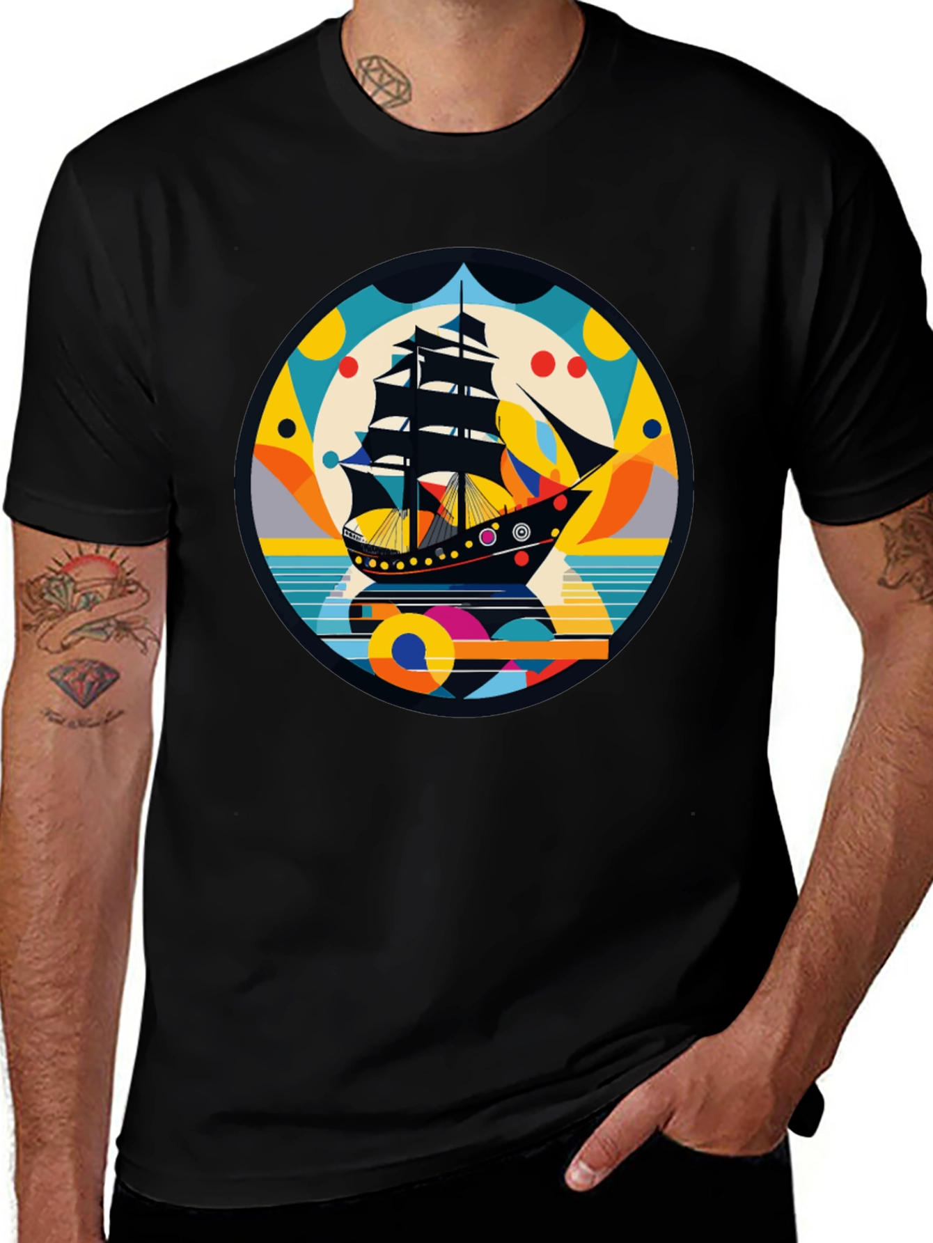 Retro Ship Graphic Tee - Black Cotton Blend
