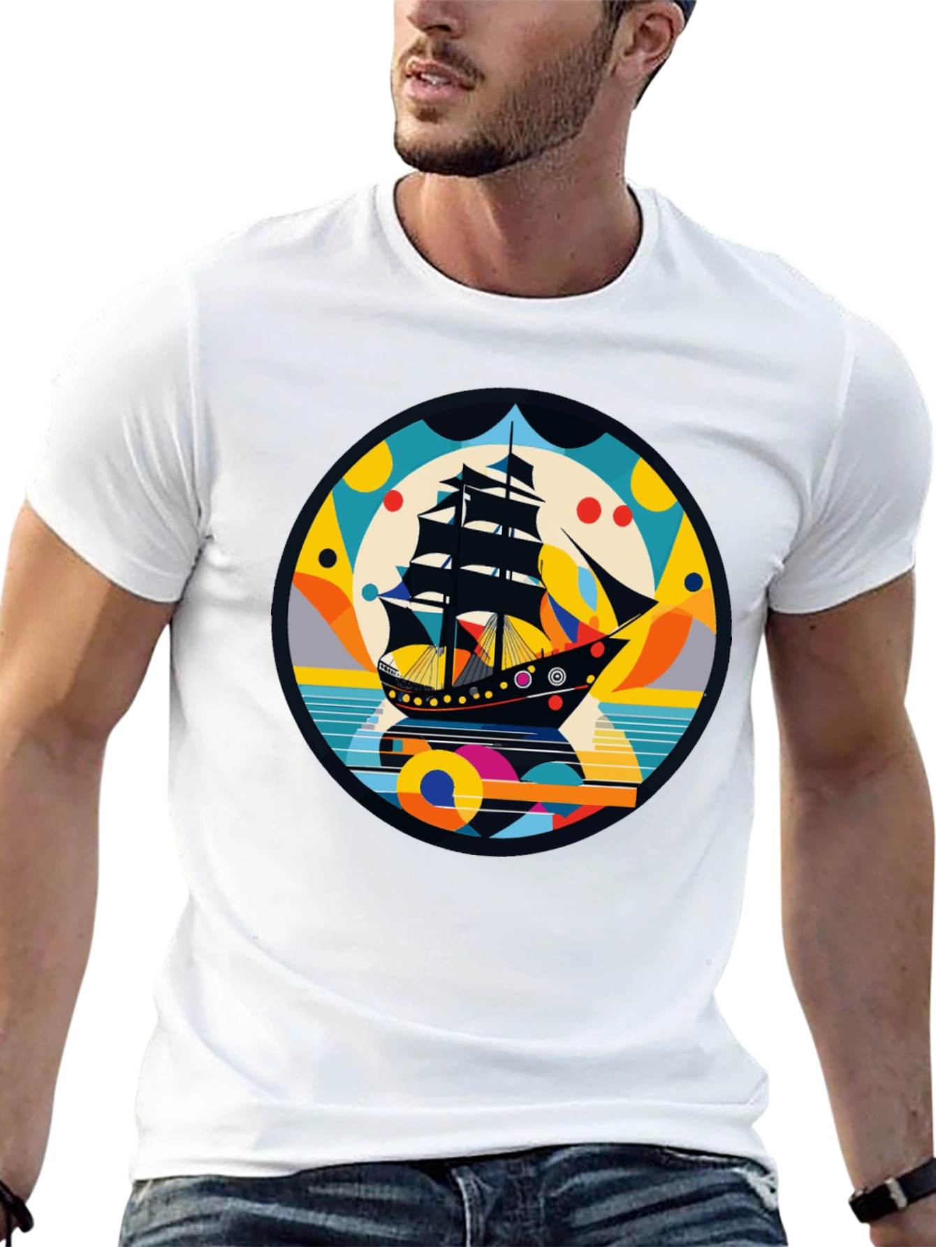 Retro Ship Graphic Tee - Black Cotton Blend
