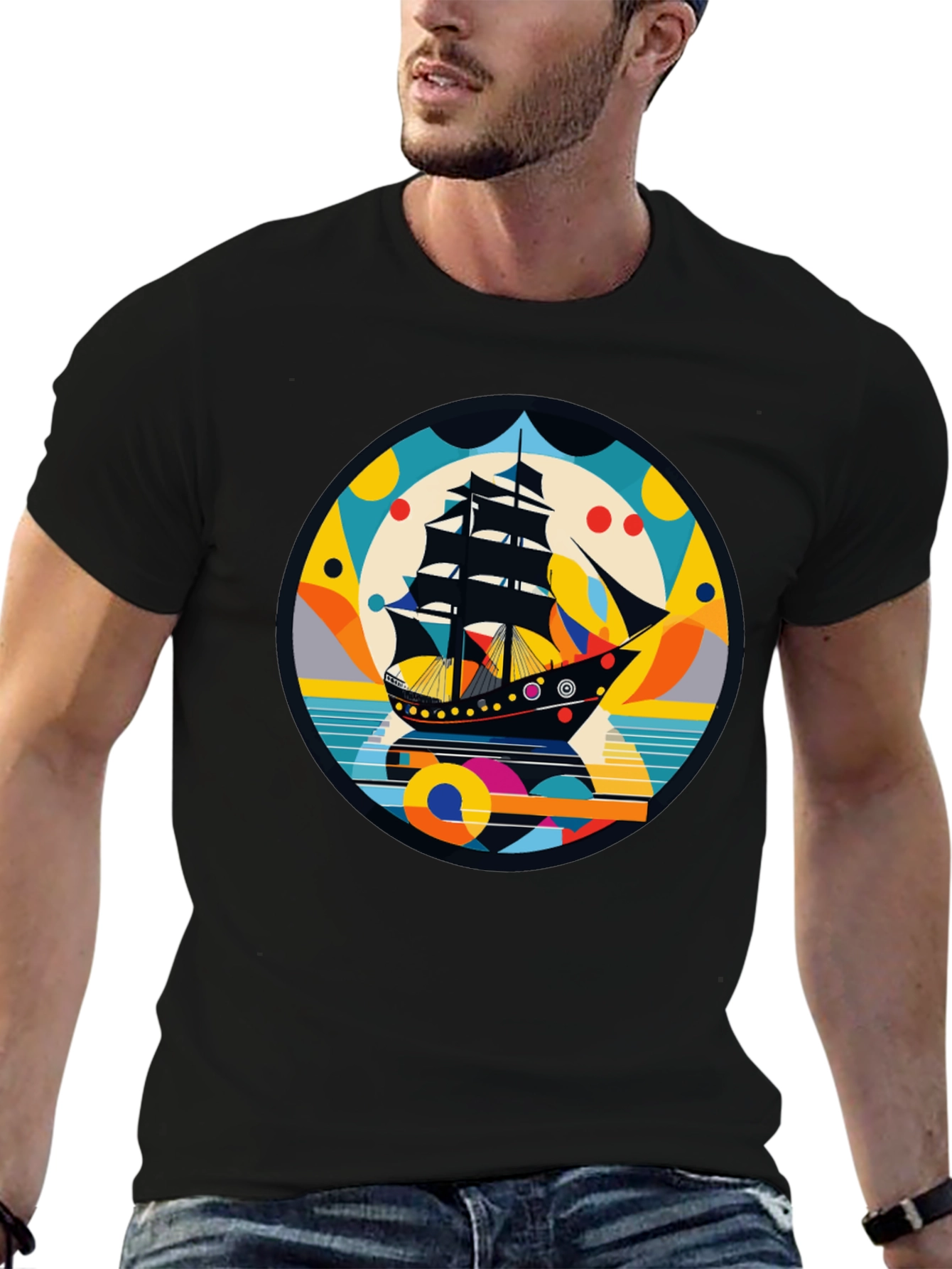 Retro Ship Graphic Tee - Black Cotton Blend