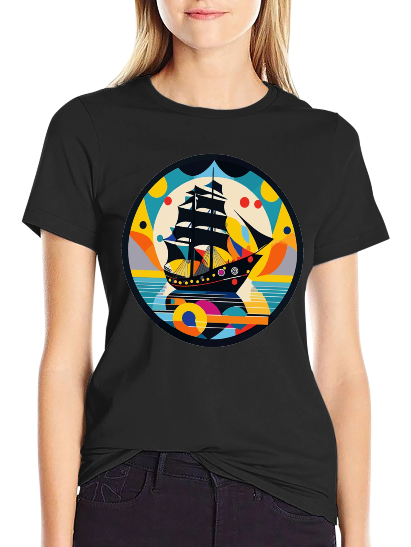 Retro Ship Graphic Tee - Black Cotton Blend