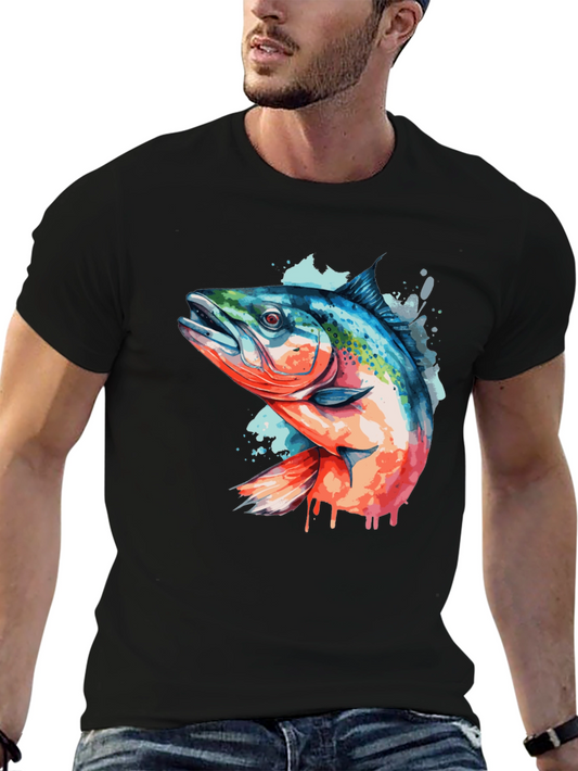 Watercolor Fish Graphic Tee - Black Cotton Blend