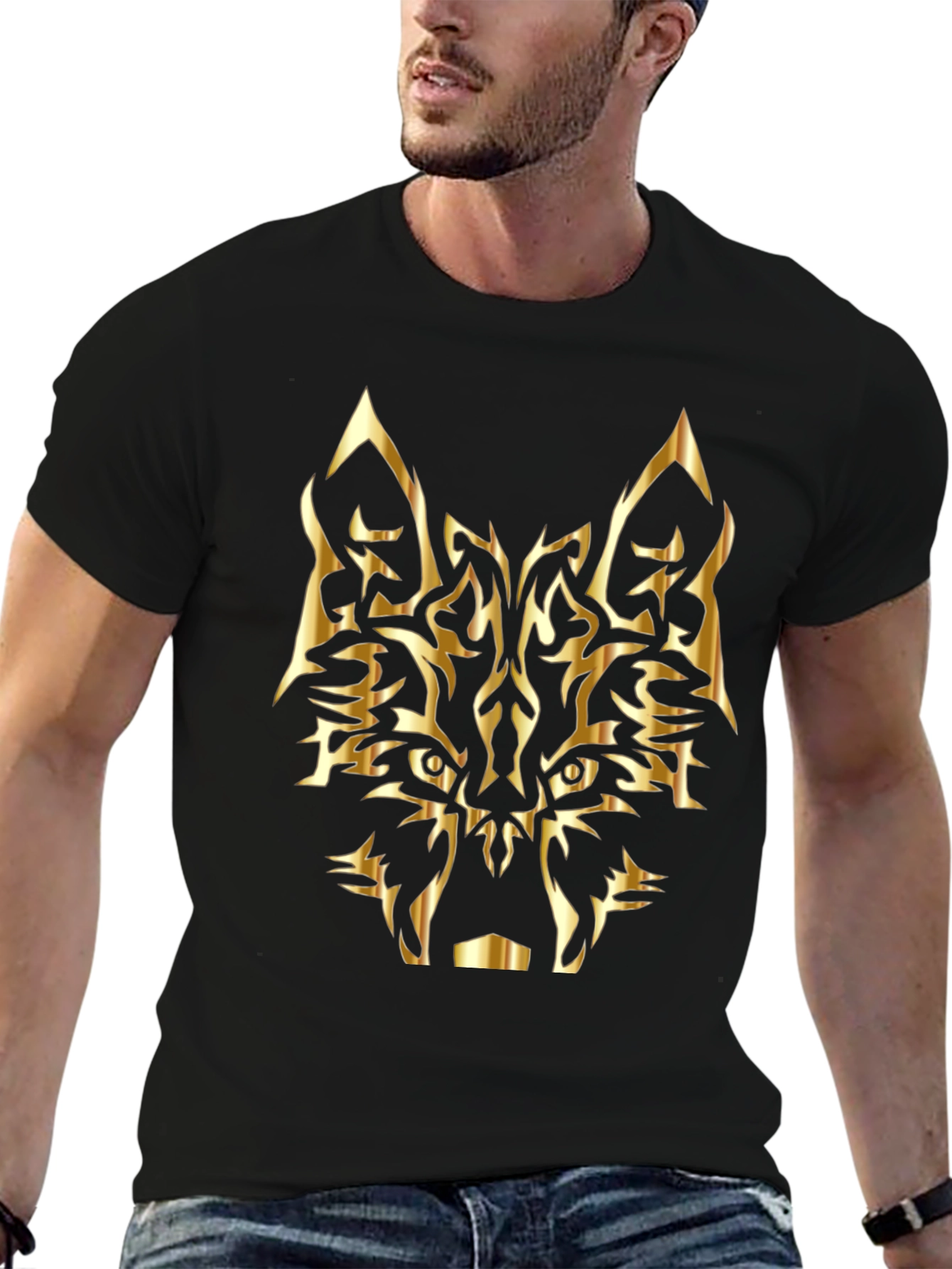 Black T-Shirt with Golden Wolf Design